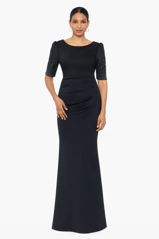 "Tonya" Scuba Crepe 3/4 Sleeve Rhinestone Embellished Floor Length Dress sold by Xscape
