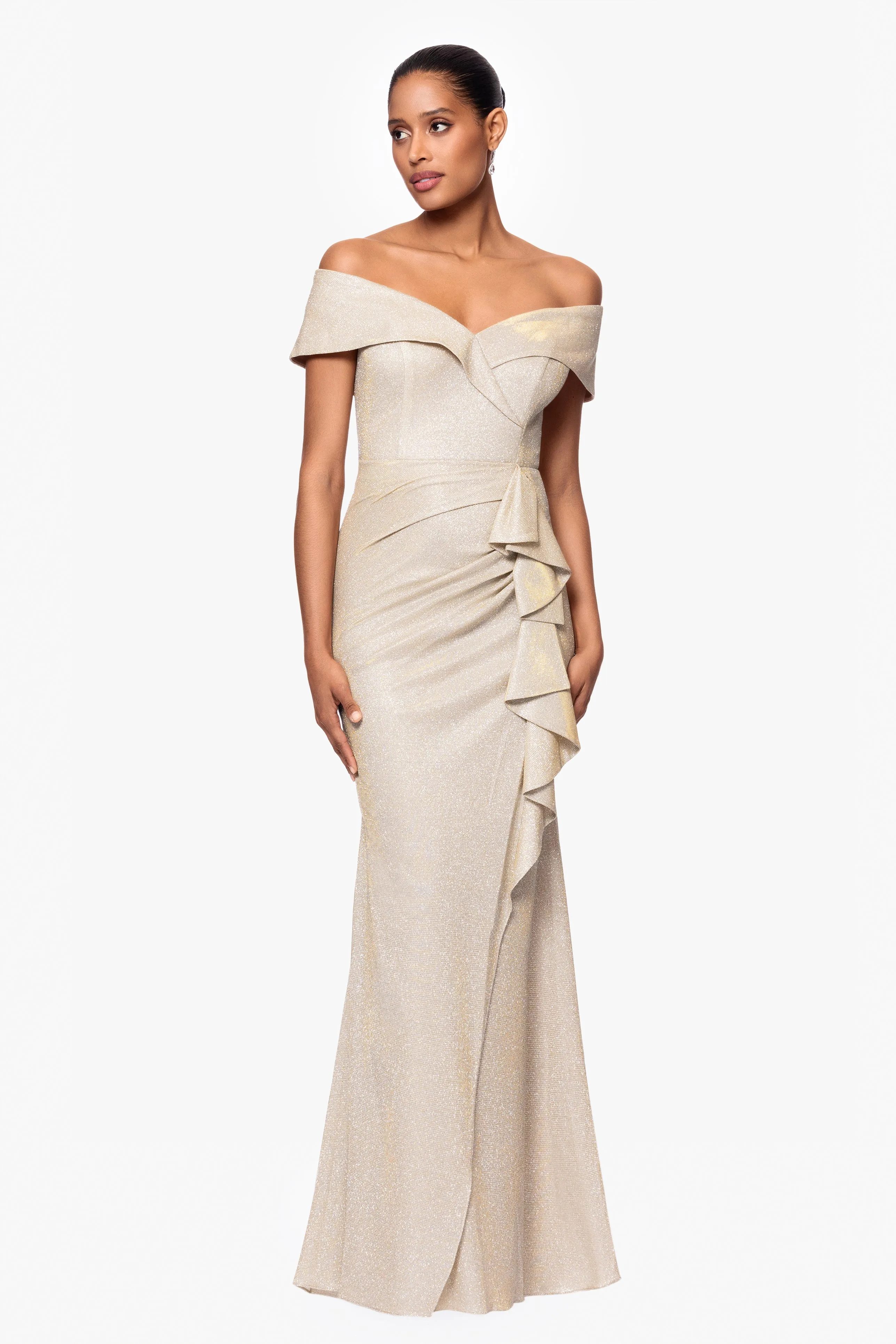 "Raveena" Long Foil Knit Off the Shoulder Floor Length Ruffle Dress sold by Xscape