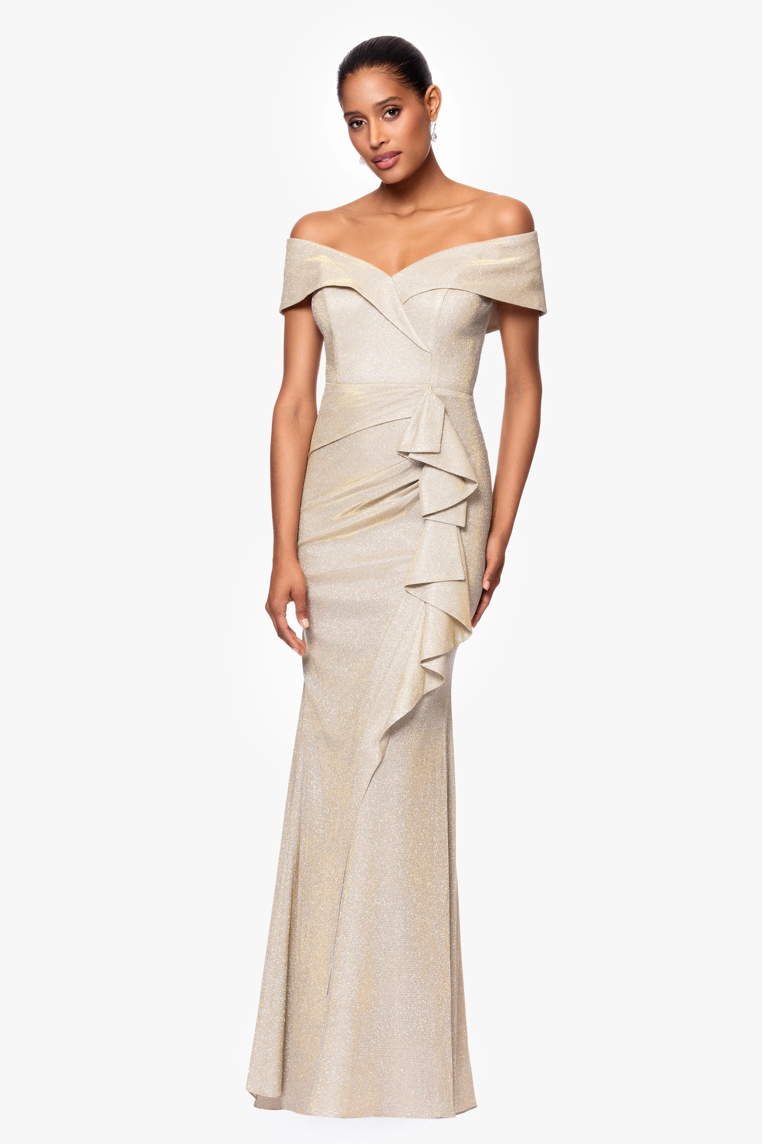 "Raveena" Long Foil Knit Off the Shoulder Floor Length Ruffle Dress sold by Xscape product image thumbnail 3