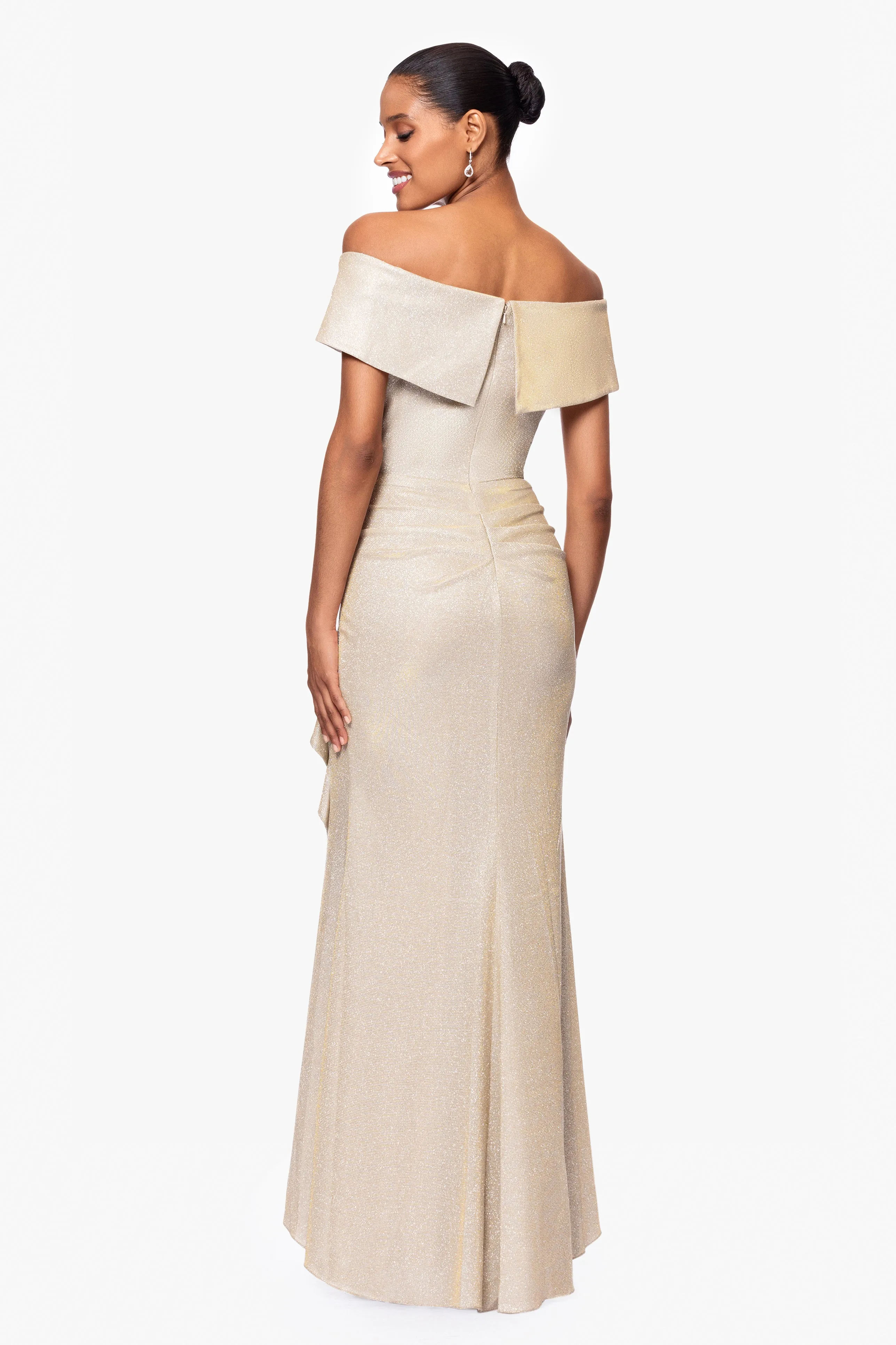 "Raveena" Long Foil Knit Off the Shoulder Floor Length Ruffle Dress sold by Xscape product image thumbnail 2