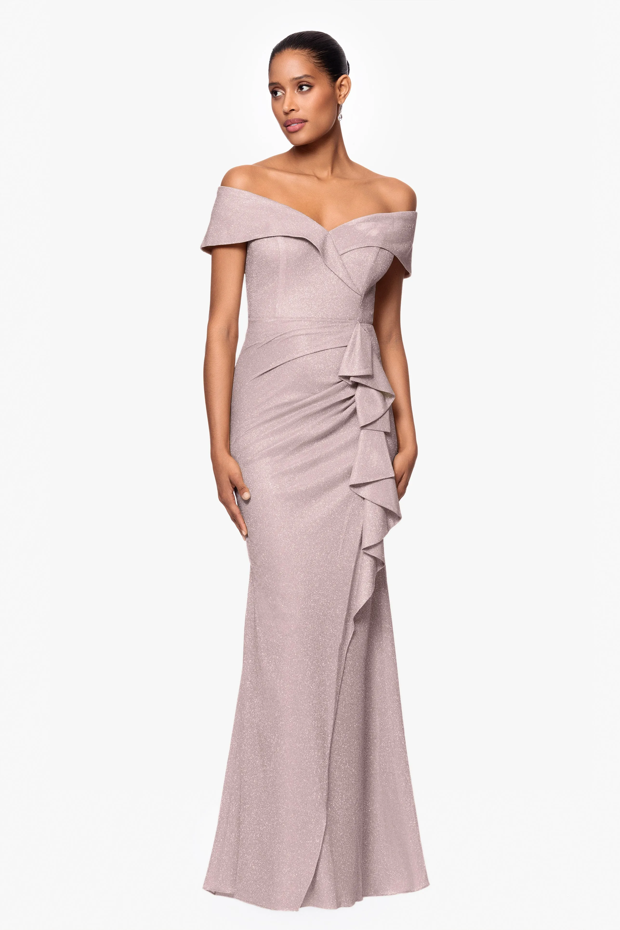 "Raveena" Long Foil Knit Off the Shoulder Floor Length Ruffle Dress sold by Xscape product image thumbnail 3