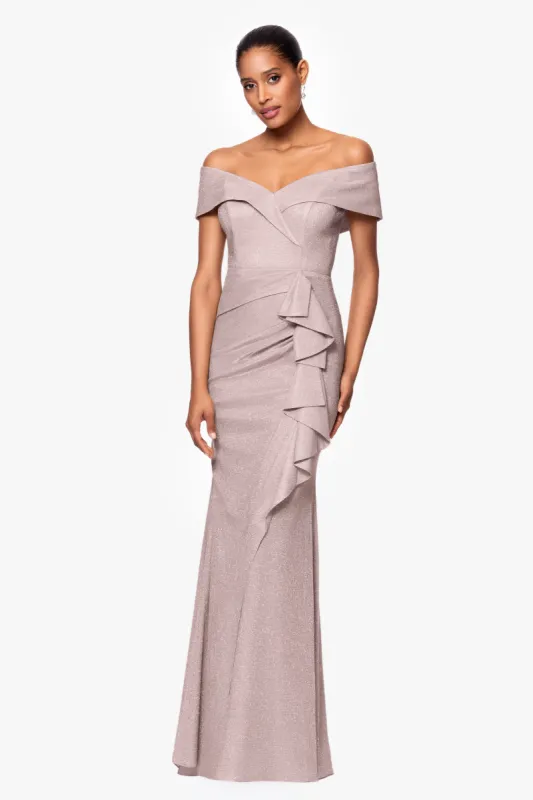 "Raveena" Long Foil Knit Off the Shoulder Floor Length Ruffle Dress sold by Xscape