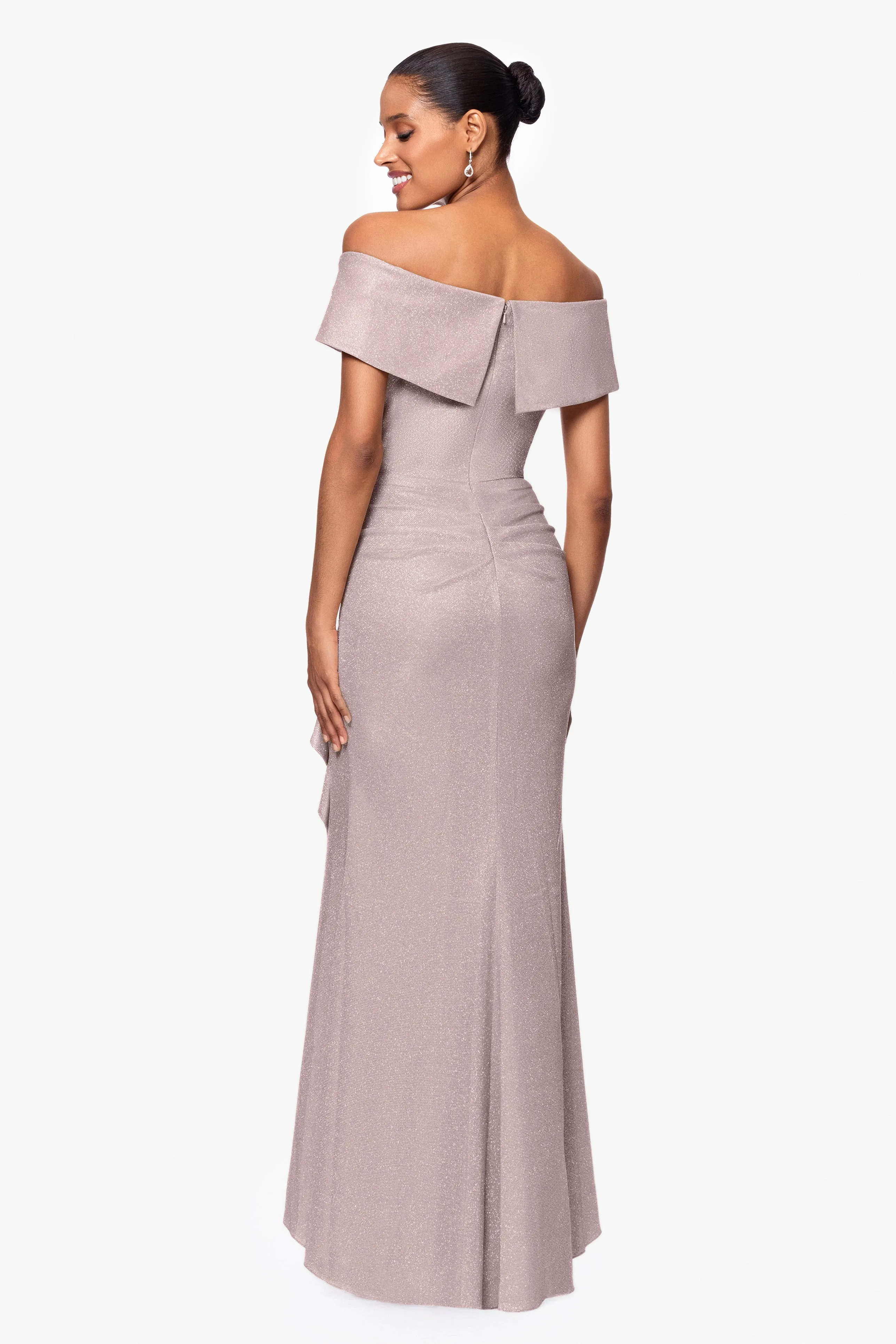 "Raveena" Long Foil Knit Off the Shoulder Floor Length Ruffle Dress sold by Xscape product image thumbnail 2