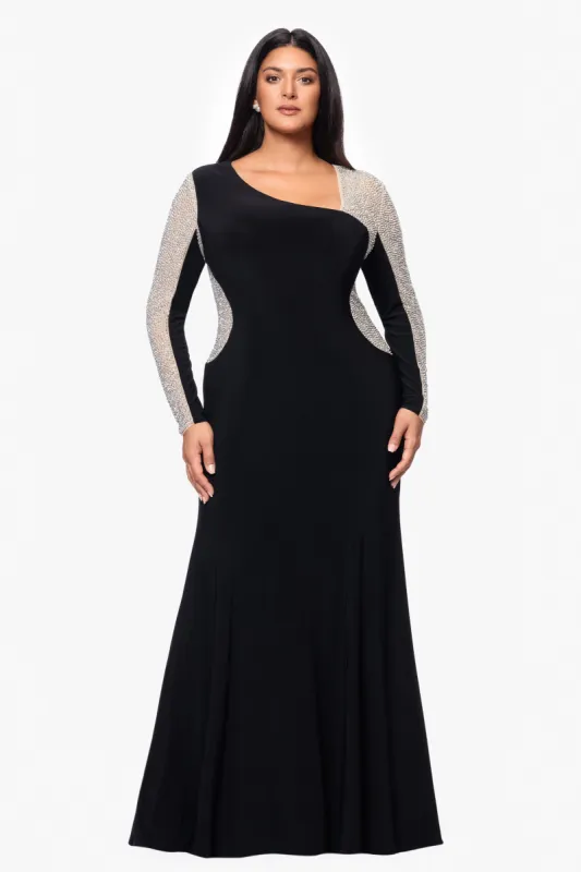 Plus "Anja" Long Jersey Knit Asymmetric Caviar Beaded Dress sold by Xscape