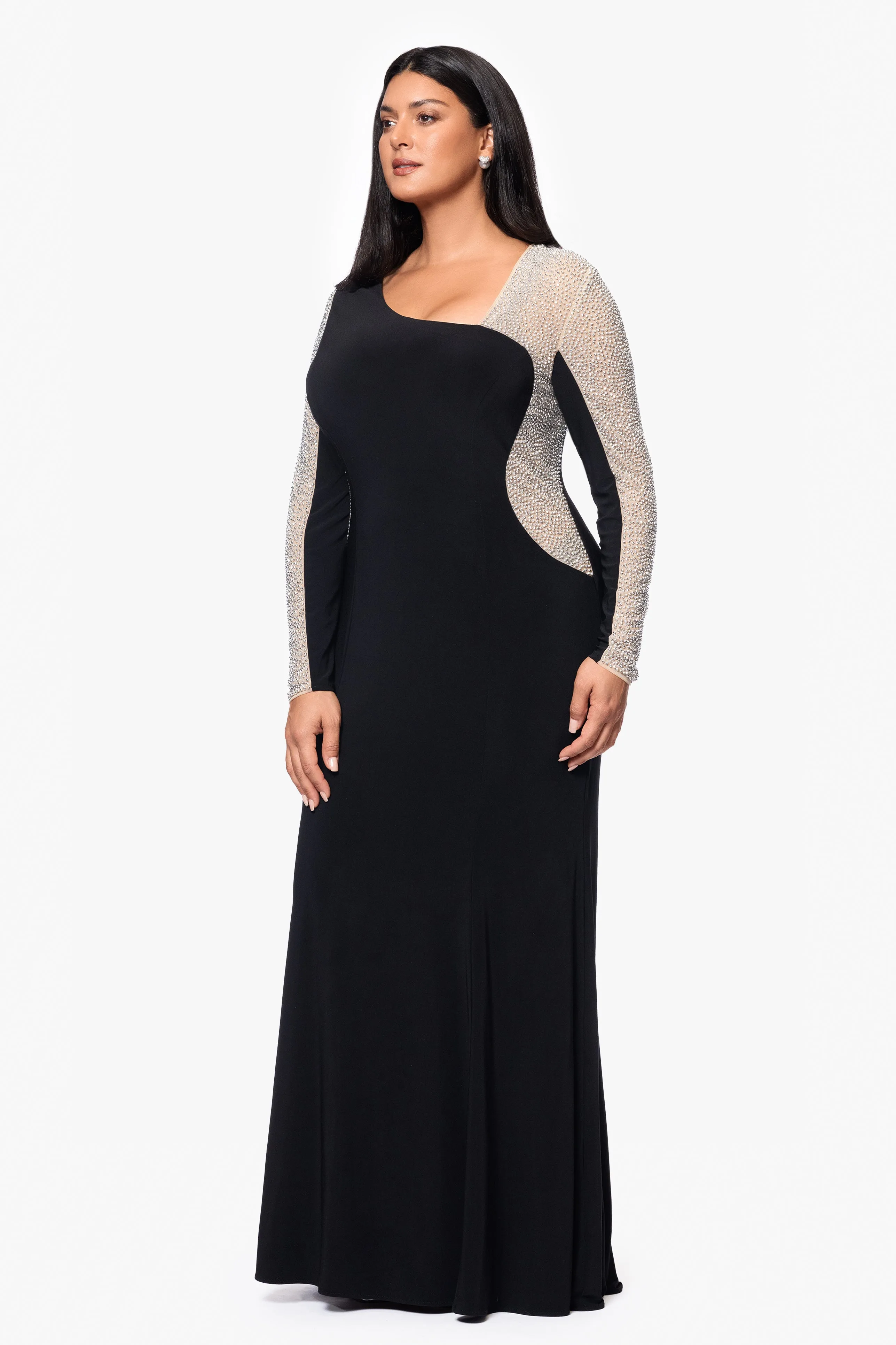 Plus "Anja" Long Jersey Knit Asymmetric Caviar Beaded Dress sold by Xscape product image thumbnail 3