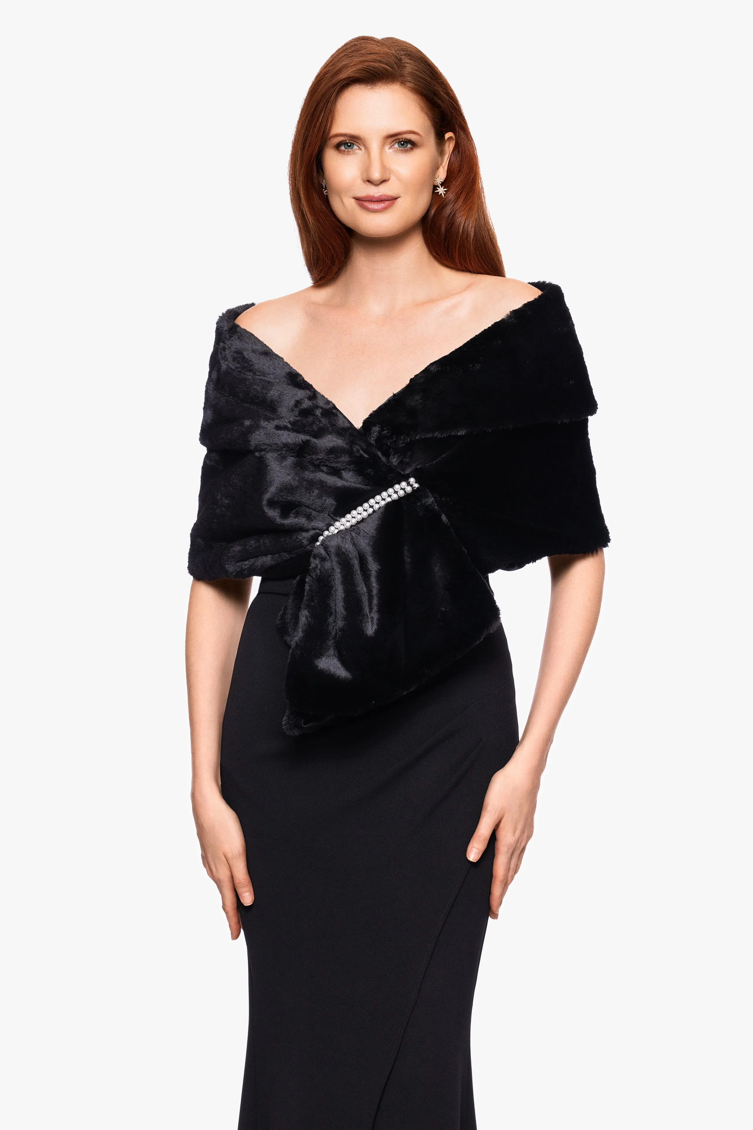 "Betty" Faux Fur Pearl Trim Shawl Wrap sold by Xscape