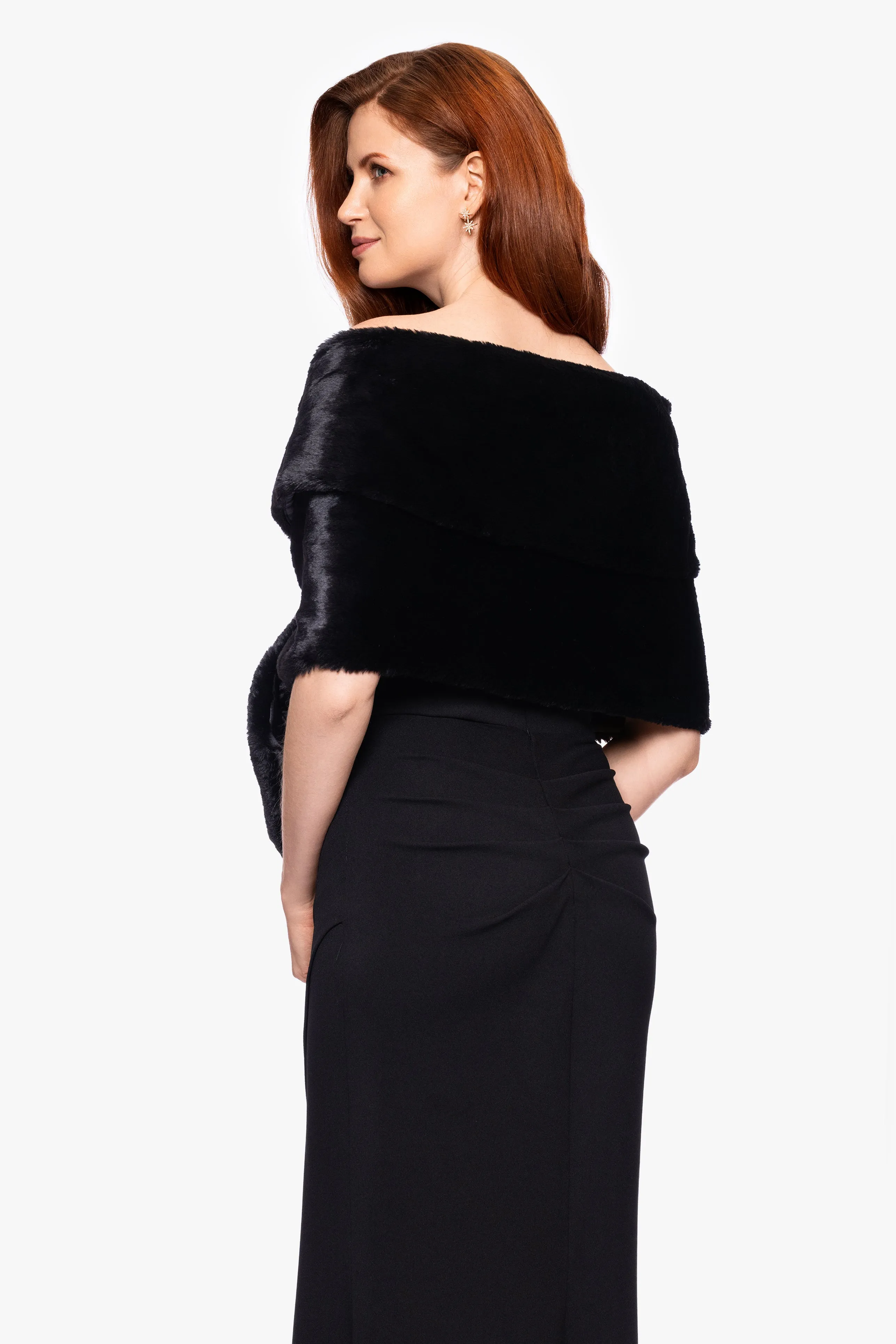 "Betty" Faux Fur Pearl Trim Shawl Wrap sold by Xscape product image thumbnail 2