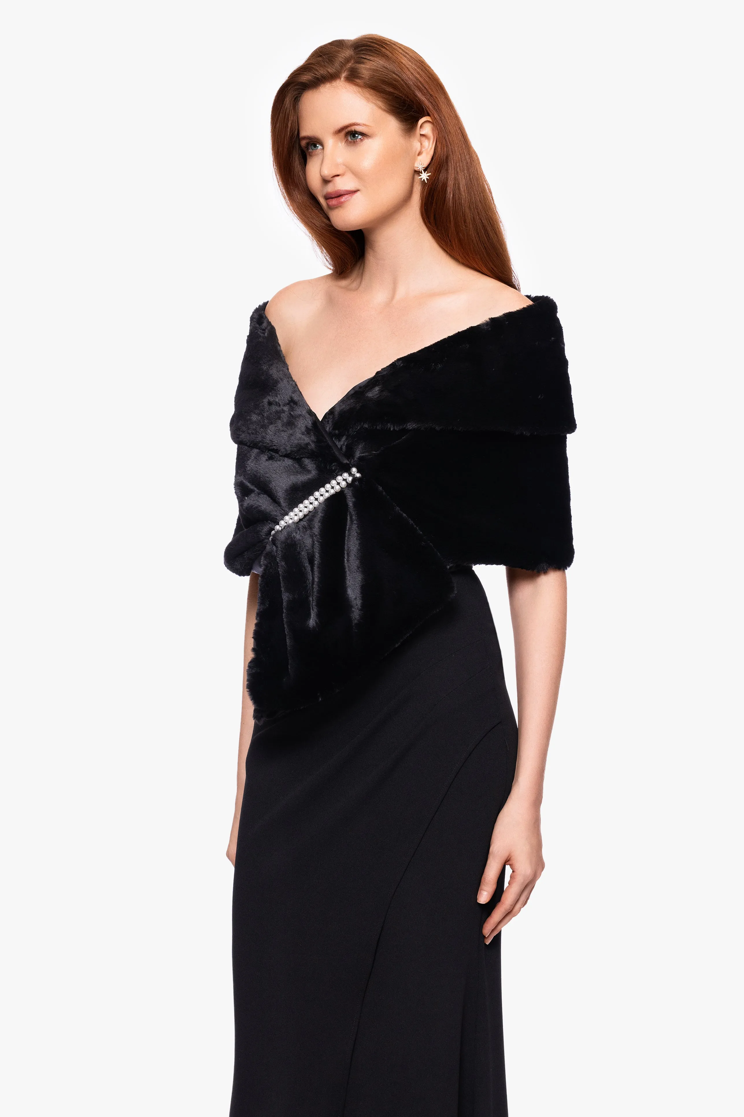 "Betty" Faux Fur Pearl Trim Shawl Wrap sold by Xscape product image thumbnail 3