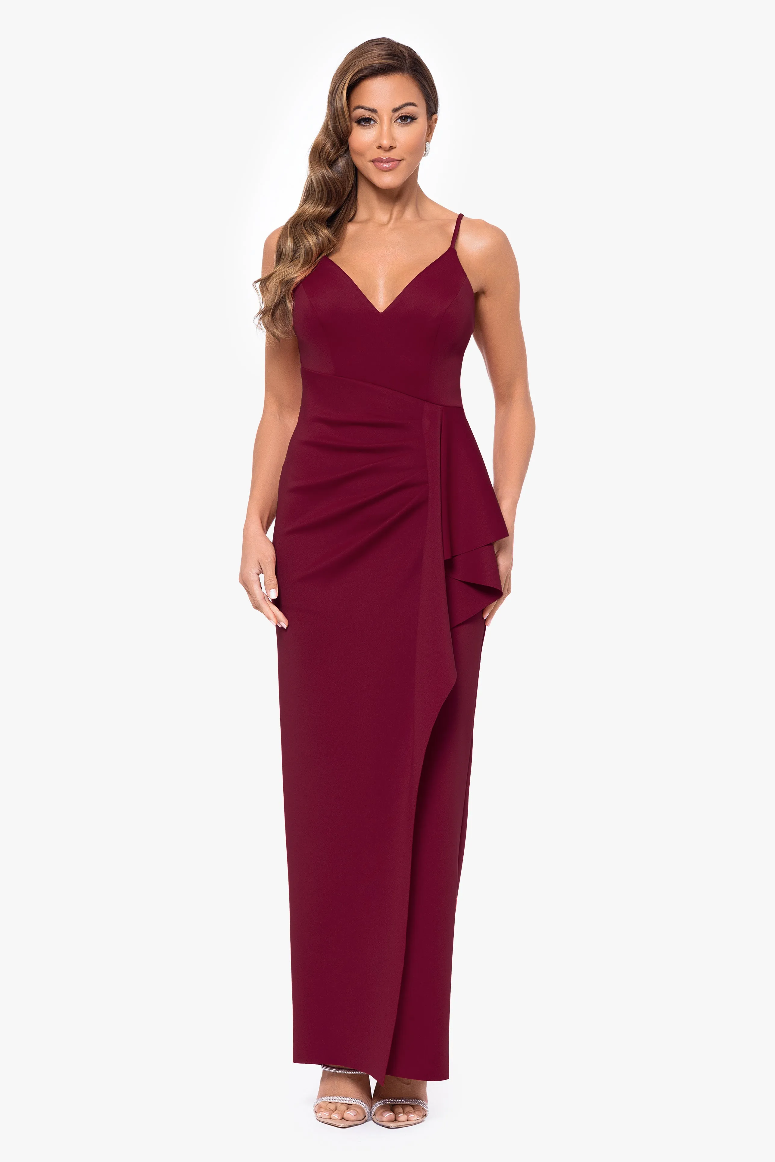 "Tabitha" Long Scuba Crepe Spaghetti Strap Side Ruffle Dress sold by Xscape