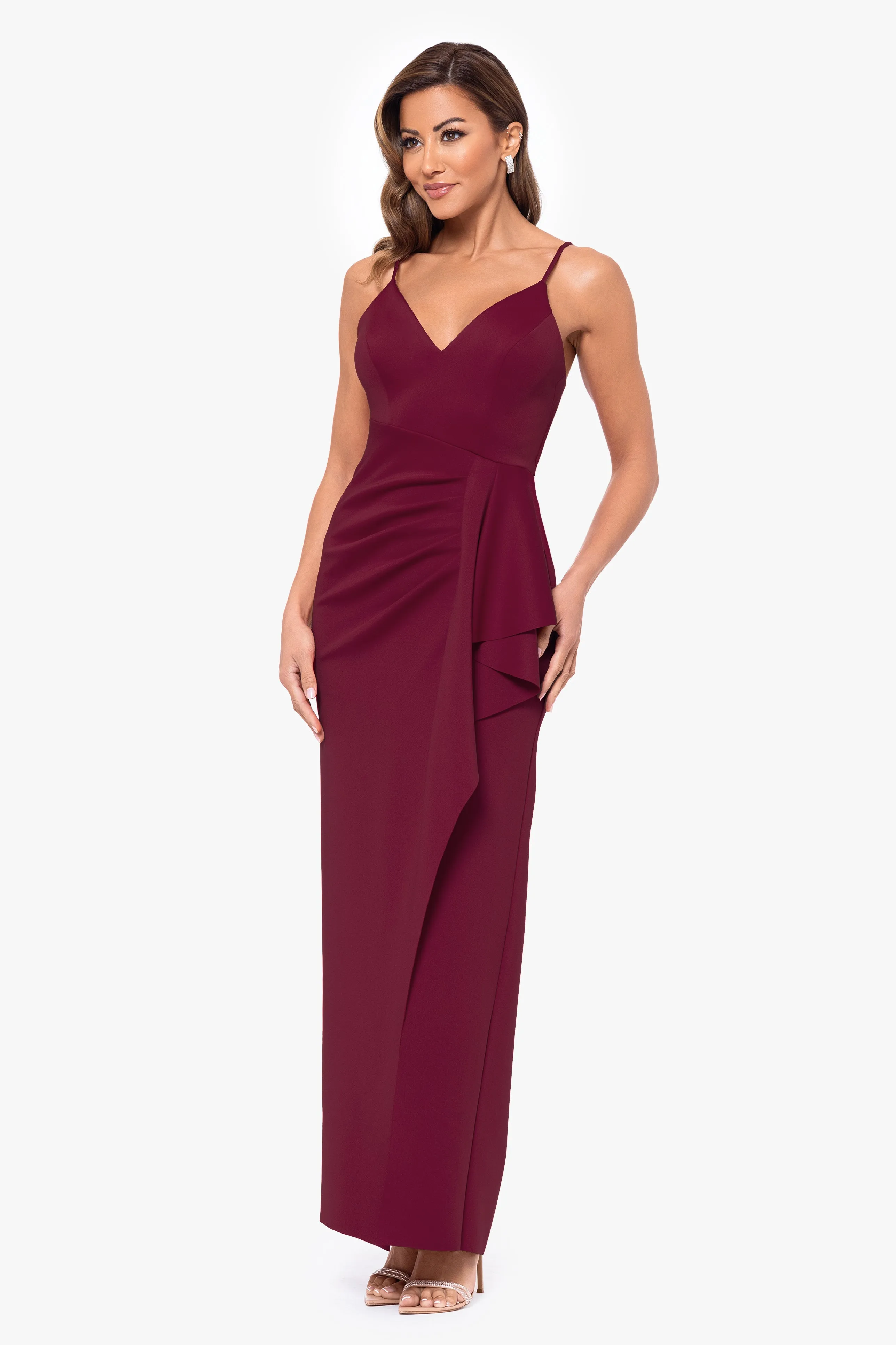 "Tabitha" Long Scuba Crepe Spaghetti Strap Side Ruffle Dress sold by Xscape product image thumbnail 4