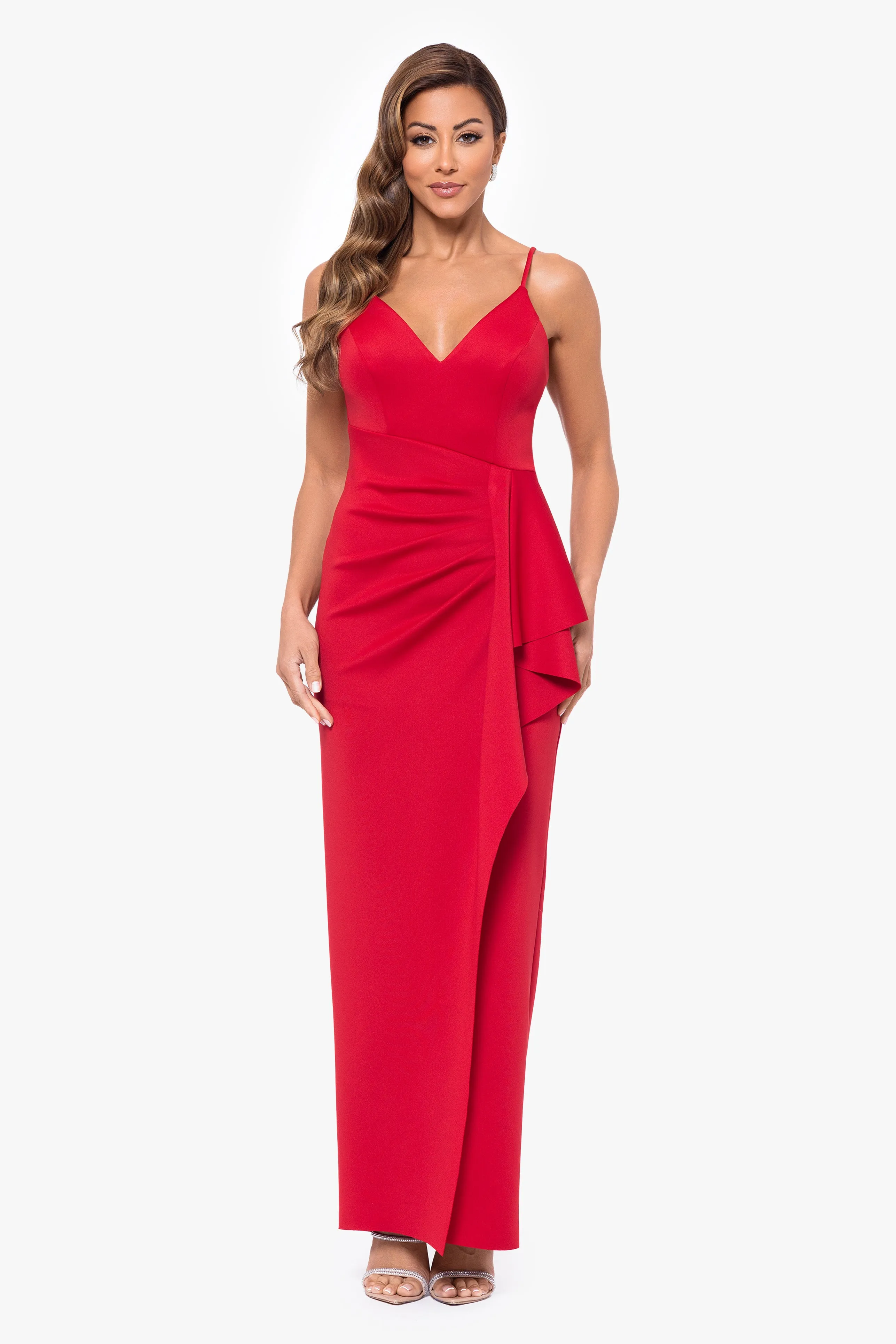 "Tabitha" Long Scuba Crepe Spaghetti Strap Side Ruffle Dress sold by Xscape product image thumbnail 5