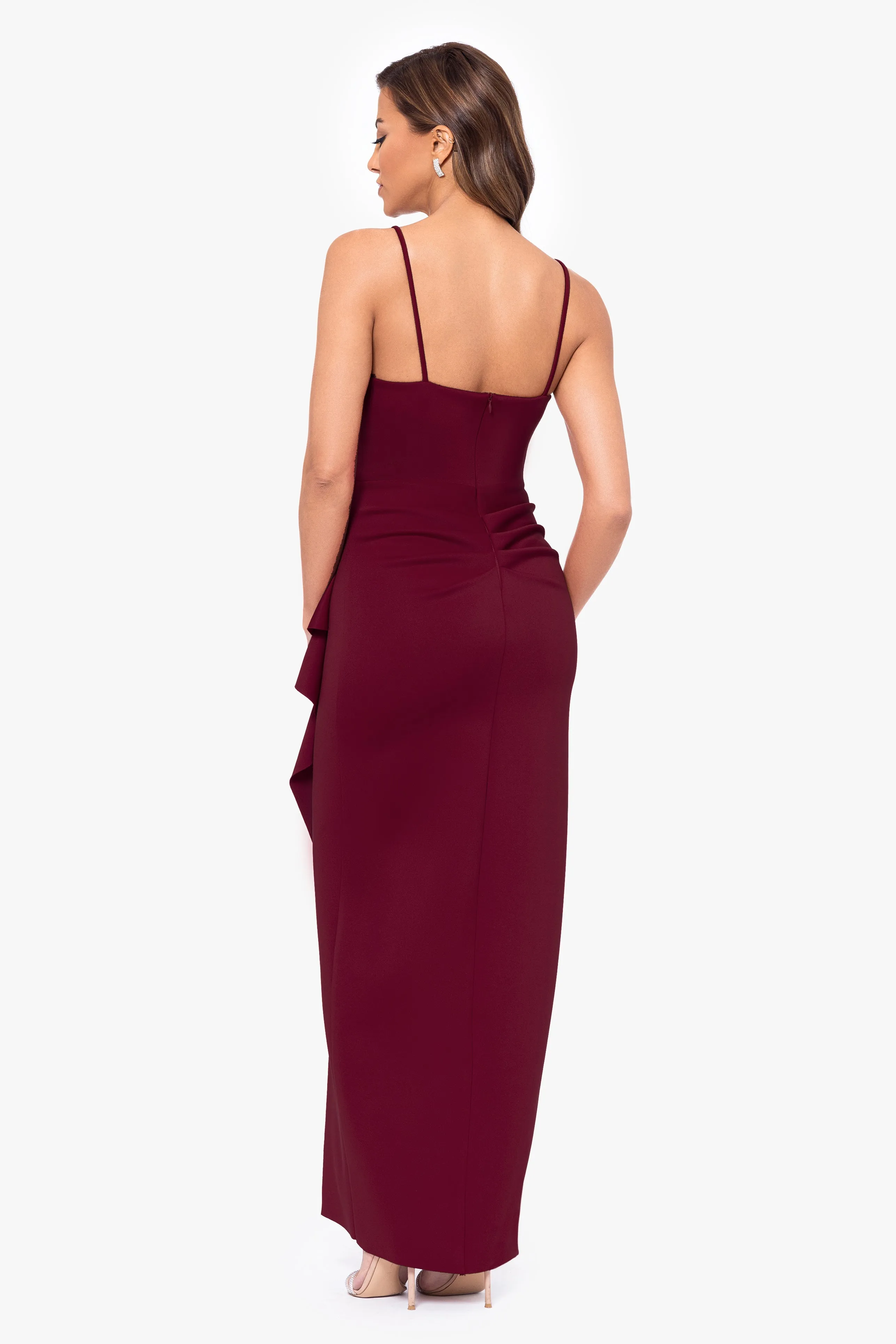 "Tabitha" Long Scuba Crepe Spaghetti Strap Side Ruffle Dress sold by Xscape product image thumbnail 3