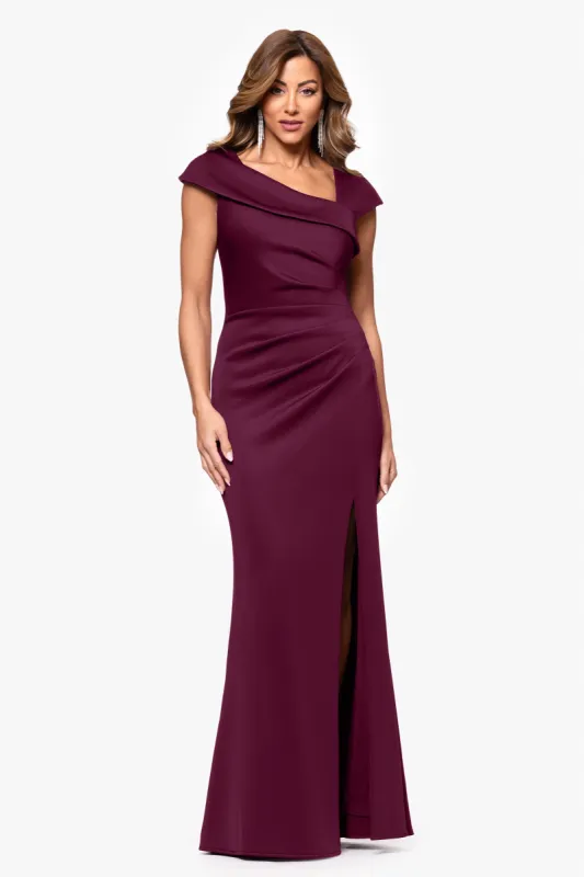 "Lenore " Long Asymmetrical Neckline Scuba Dress sold by Xscape