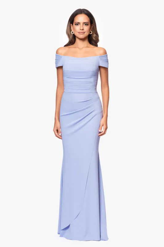 "Dani" Long Scuba Crepe Off the Shoulder Rouched Dress sold by Xscape