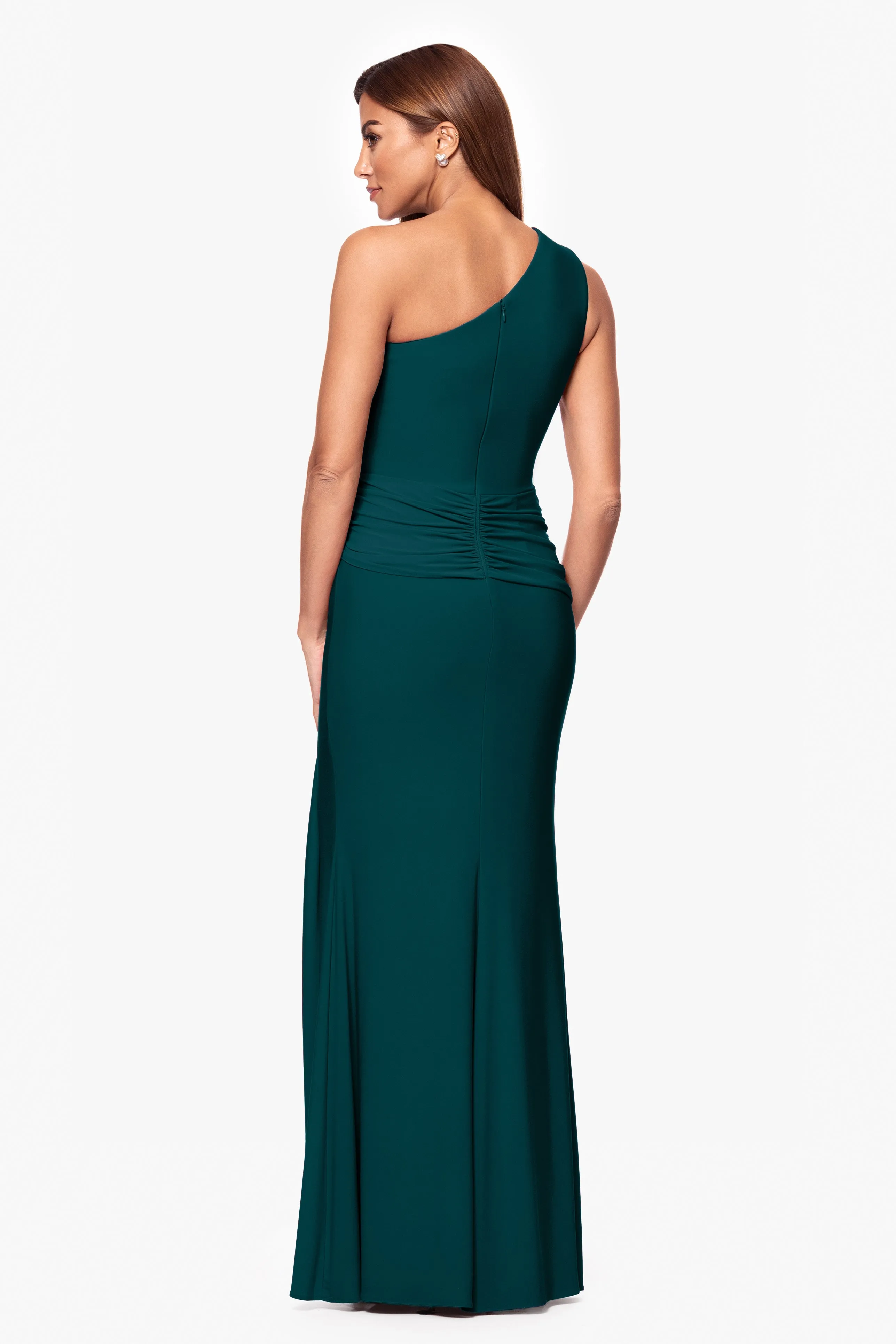 "Nara" Jersey Knit One Shoulder Rouched Floor Length Dress sold by Xscape product image thumbnail 3