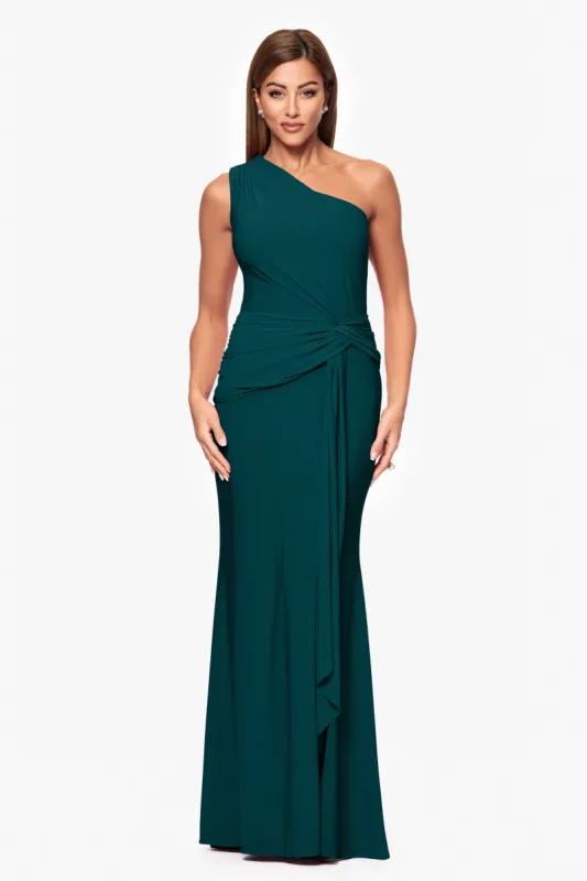 "Nara" Jersey Knit One Shoulder Rouched Floor Length Dress sold by Xscape