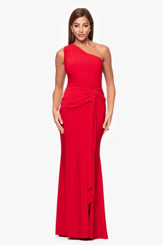 Petite "Nara" Jersey Knit One Shoulder Rouched Floor Length Dress sold by Xscape