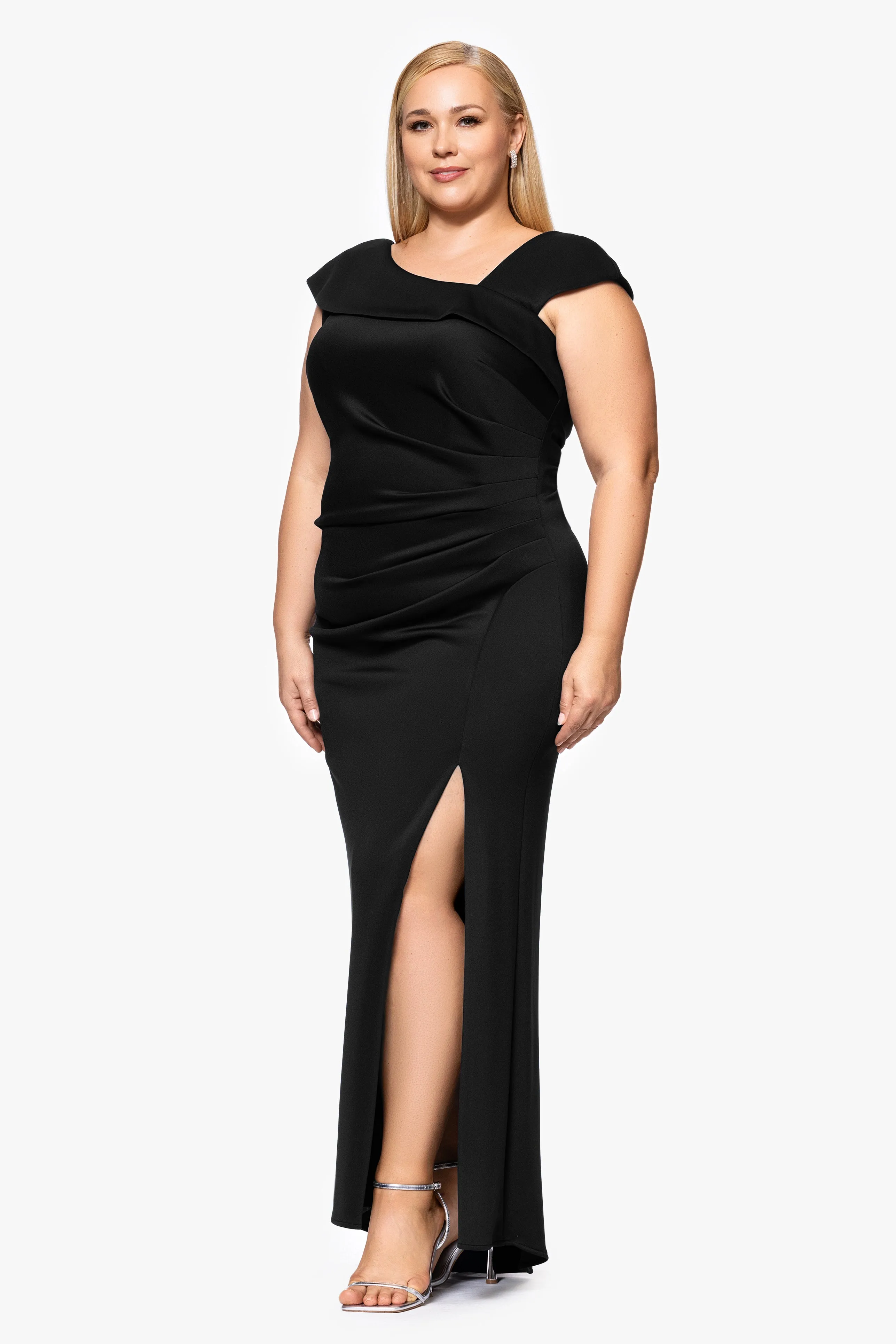 Plus "Lenore " Long Asymmetrical Neckline Scuba Dress sold by Xscape