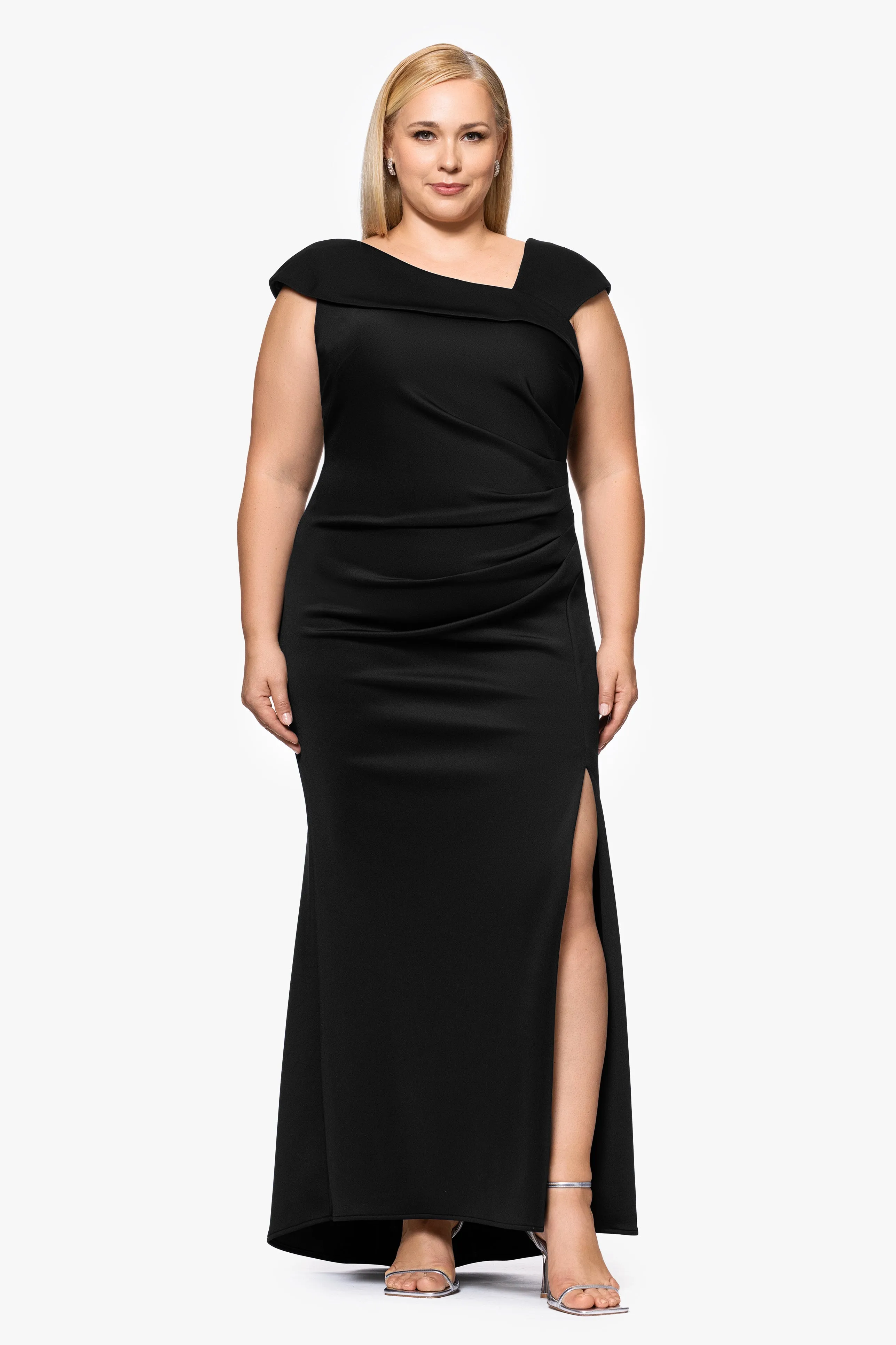 Plus "Lenore " Long Asymmetrical Neckline Scuba Dress sold by Xscape product image thumbnail 4