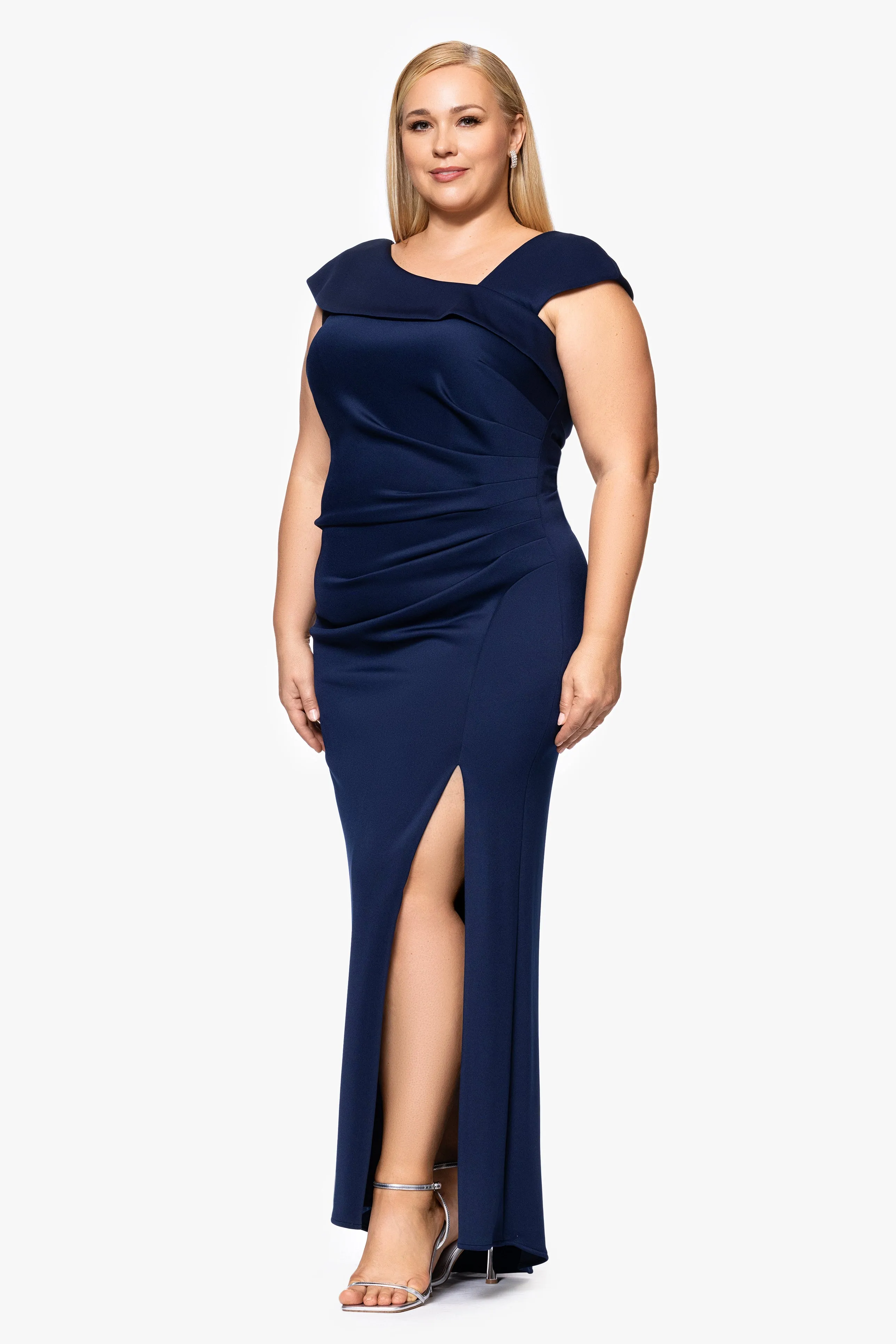Plus "Lenore " Long Asymmetrical Neckline Scuba Dress sold by Xscape product image thumbnail 4