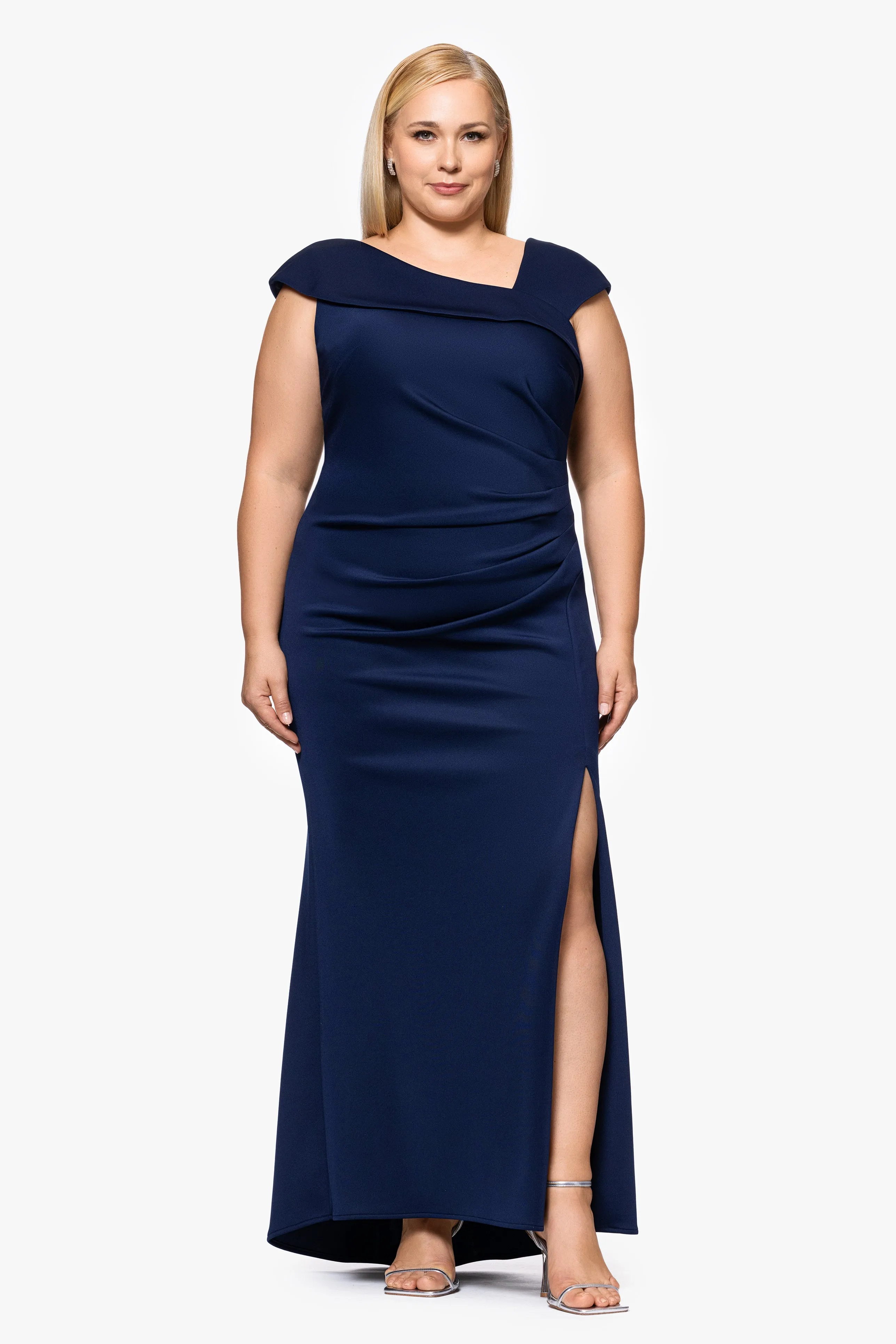 Plus "Lenore " Long Asymmetrical Neckline Scuba Dress sold by Xscape