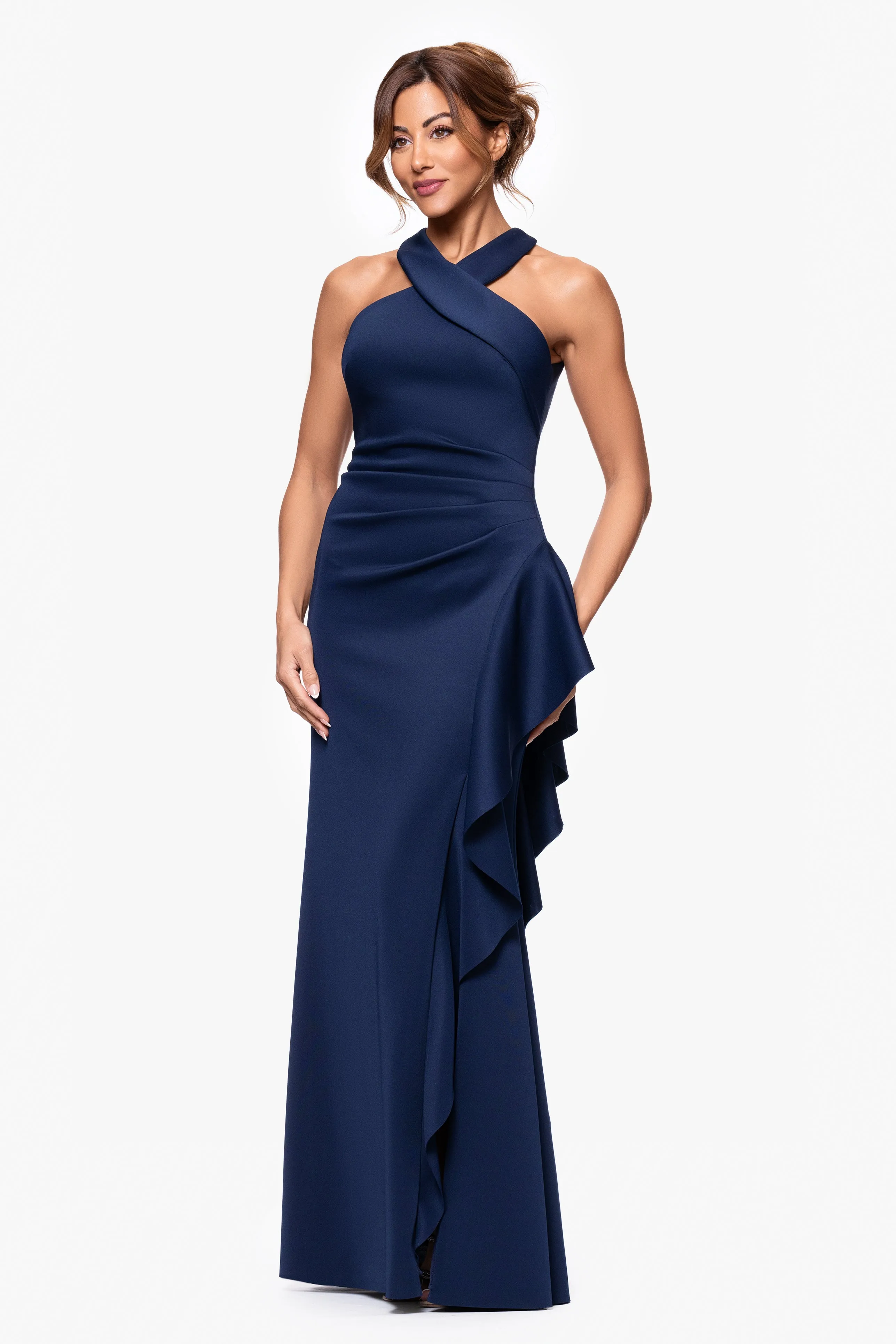 "Gigi" Scuba Cross Neck Ruffle Floor Length Dress sold by Xscape product image thumbnail 4