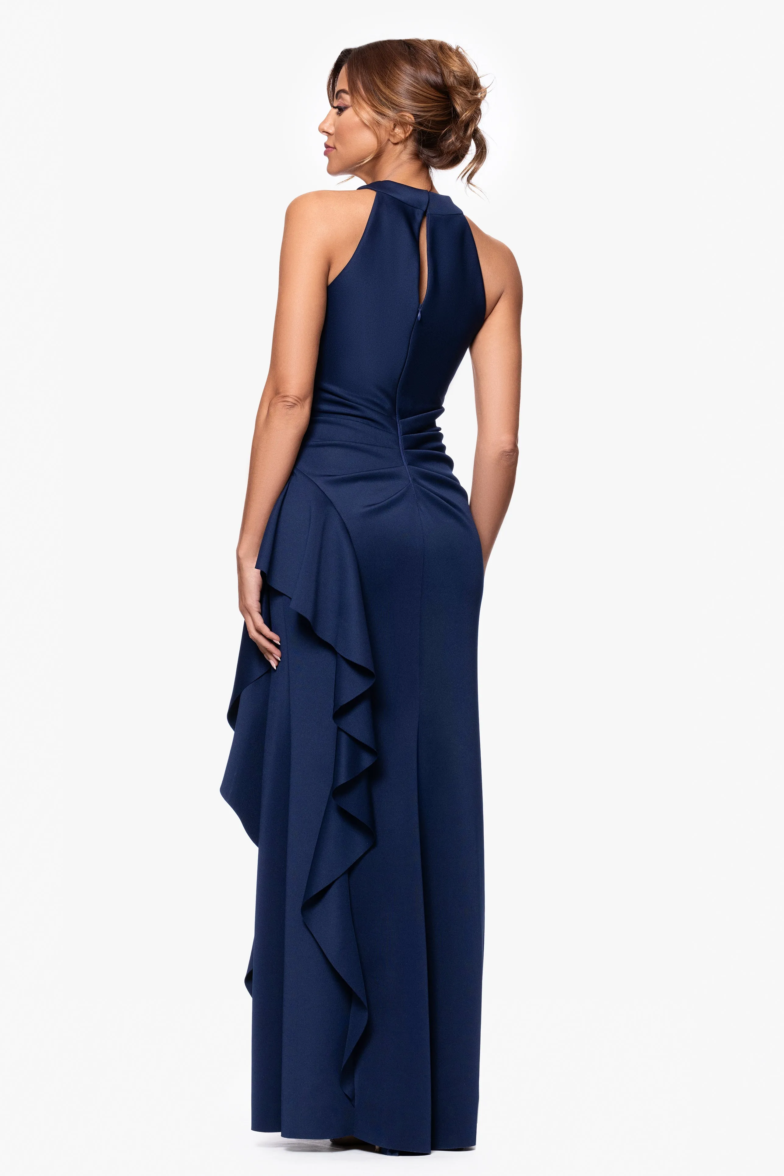 "Gigi" Scuba Cross Neck Ruffle Floor Length Dress sold by Xscape product image thumbnail 3