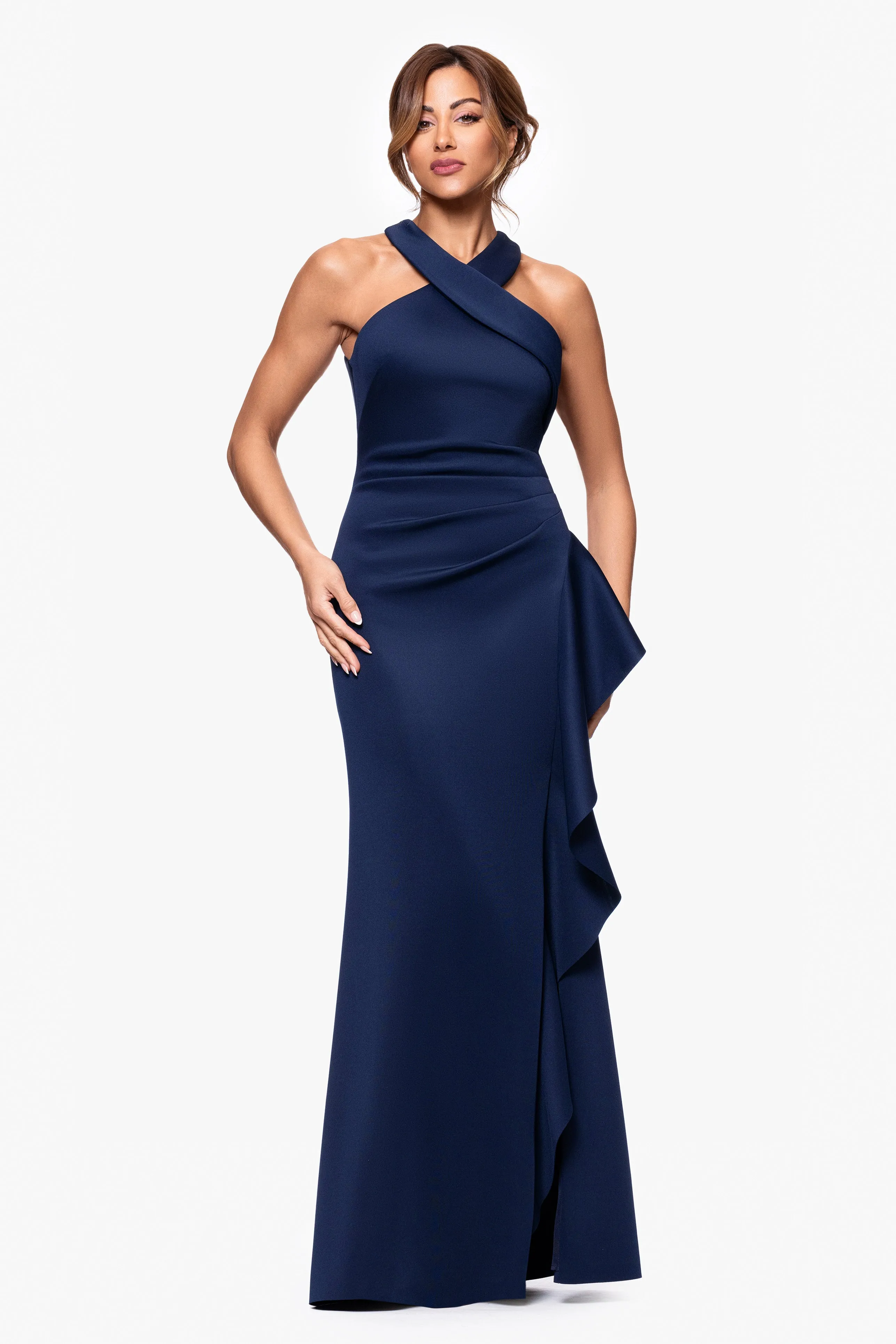 "Gigi" Scuba Cross Neck Ruffle Floor Length Dress sold by Xscape