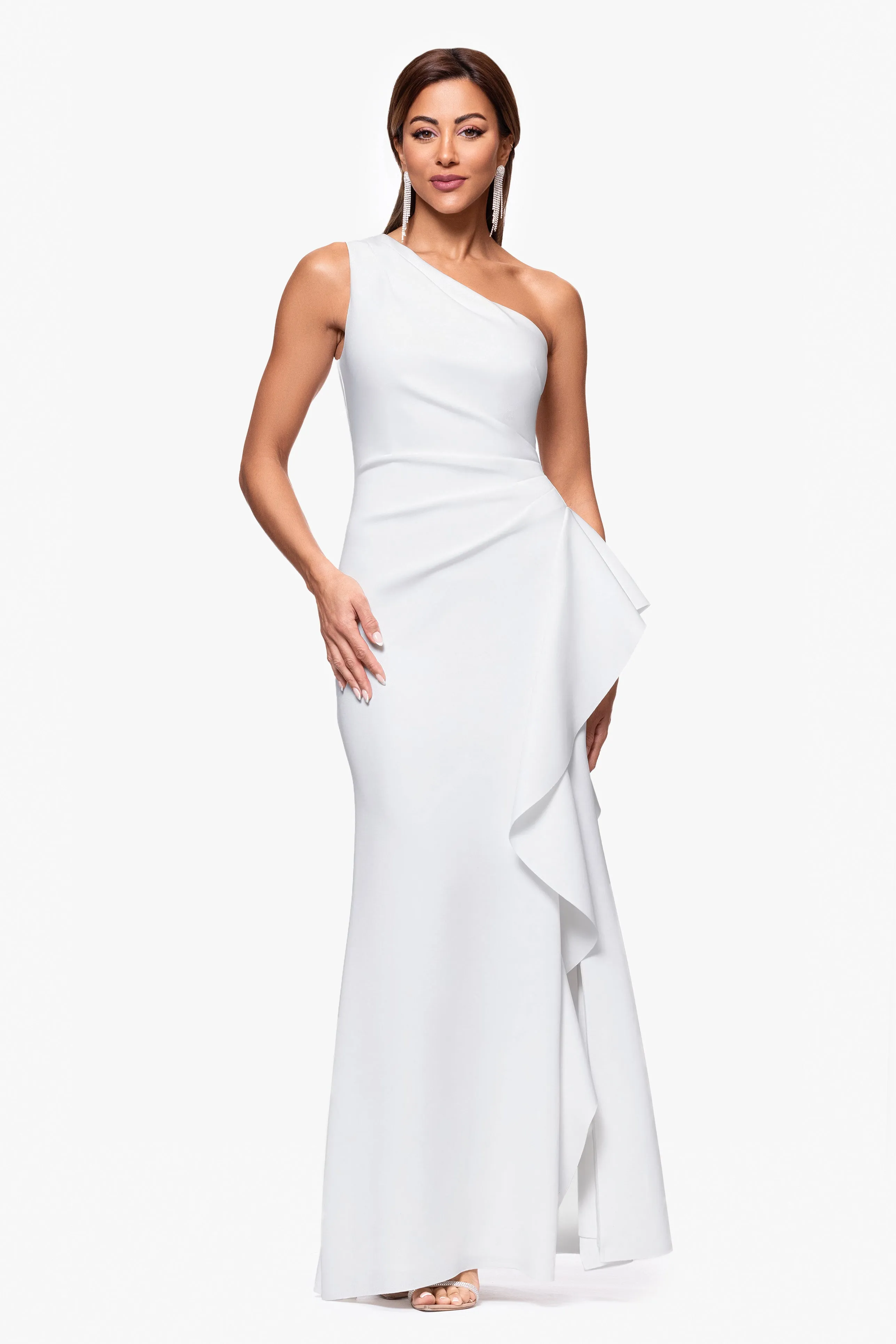 "Flo" Long Techno Scuba One Shoulder Ruffle Dress sold by Xscape