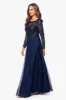 "Ana" Long Sleeve Beaded Mesh Applique Floor Length Gown sold by Xscape