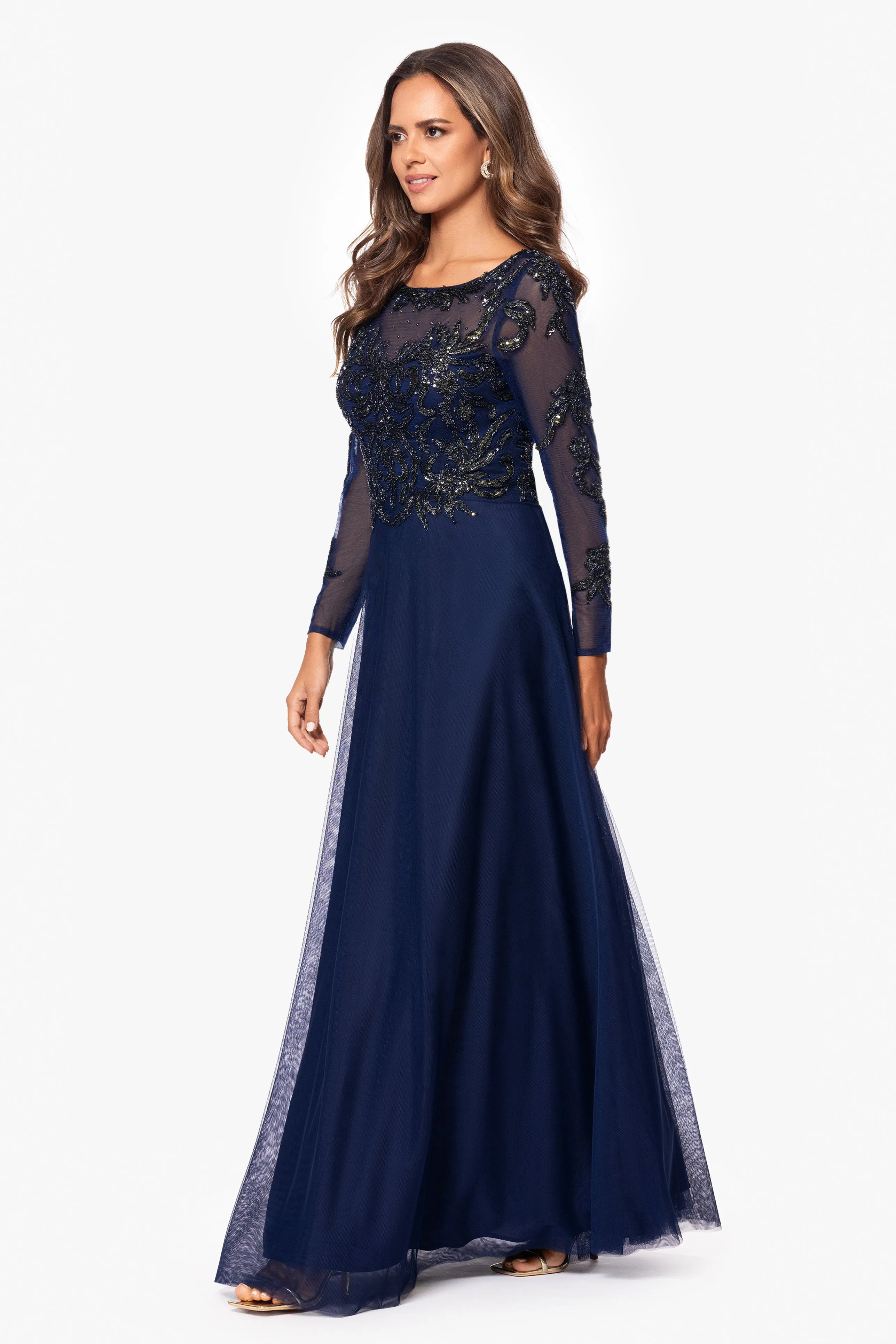 "Ana" Long Sleeve Beaded Mesh Applique Floor Length Gown sold by Xscape product image thumbnail 4