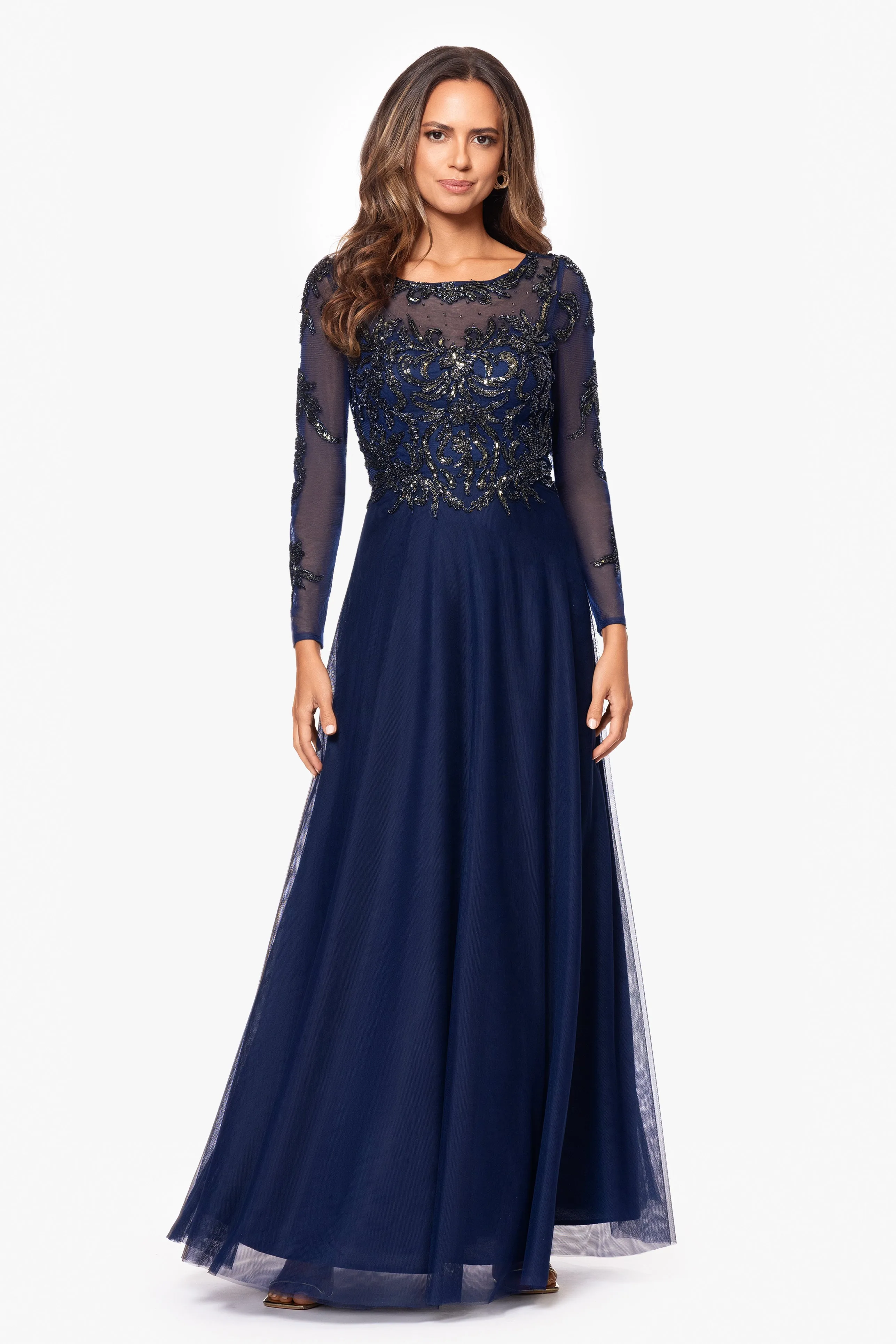 "Ana" Long Sleeve Beaded Mesh Applique Floor Length Gown sold by Xscape