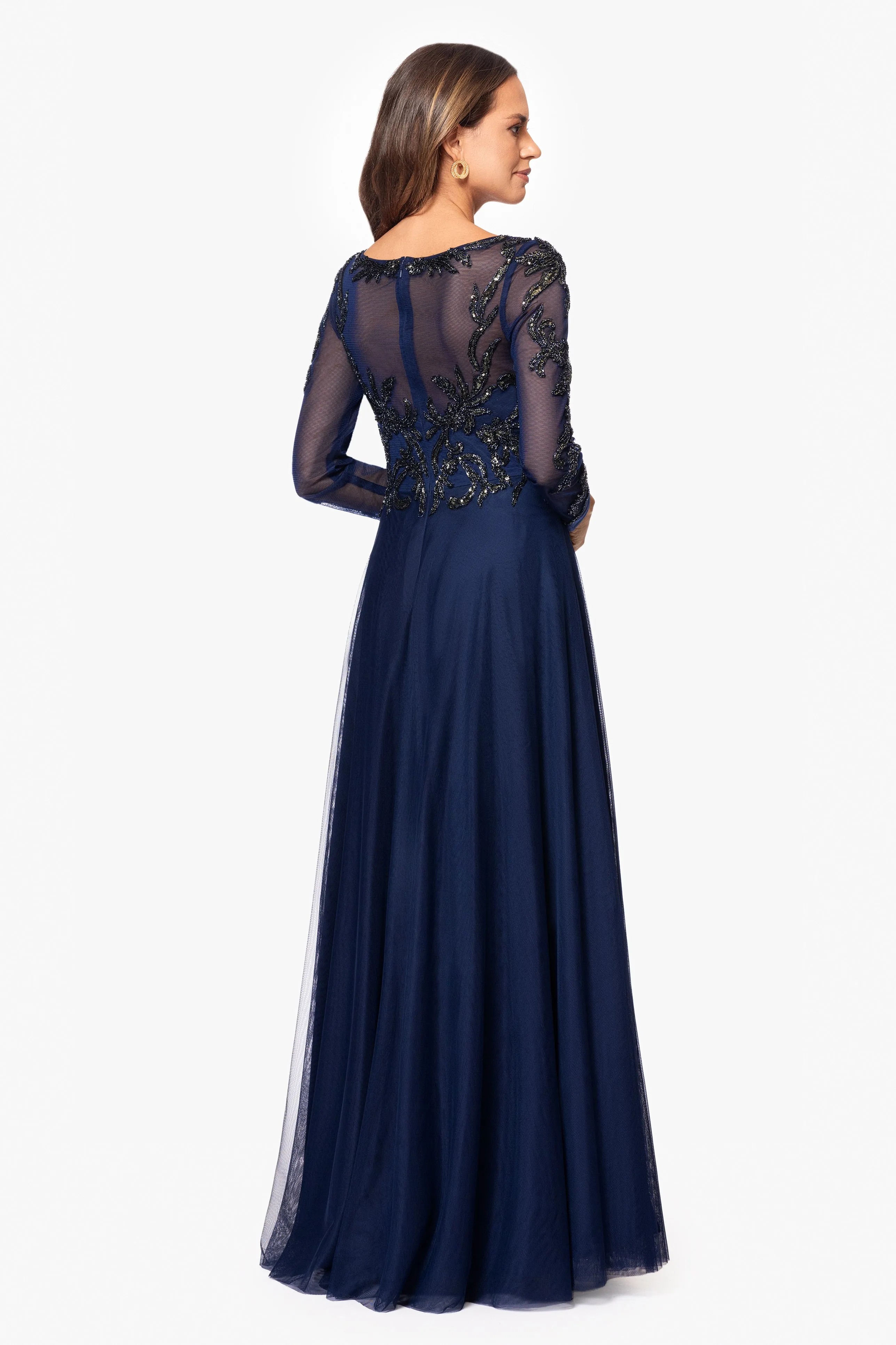 "Ana" Long Sleeve Beaded Mesh Applique Floor Length Gown sold by Xscape product image thumbnail 3