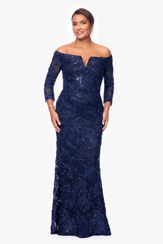 "Wilma" 3/4 Sleeve Soutache Lace Off the Shoulder Gown sold by Xscape
