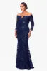 "Wilma" 3/4 Sleeve Soutache Lace Off the Shoulder Gown sold by Xscape