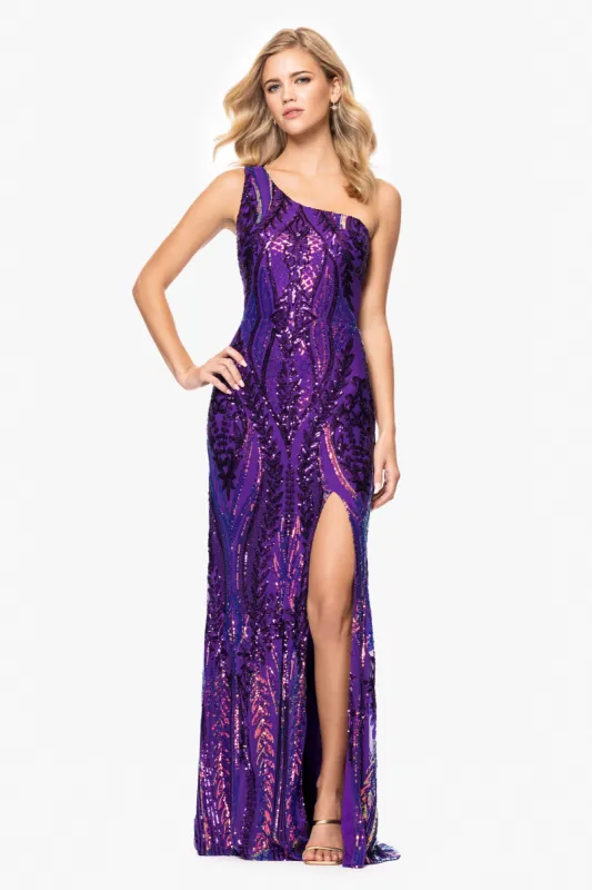 Blondie Nites "Terri" Long Placement Sequin One Shoulder Dress sold by Xscape