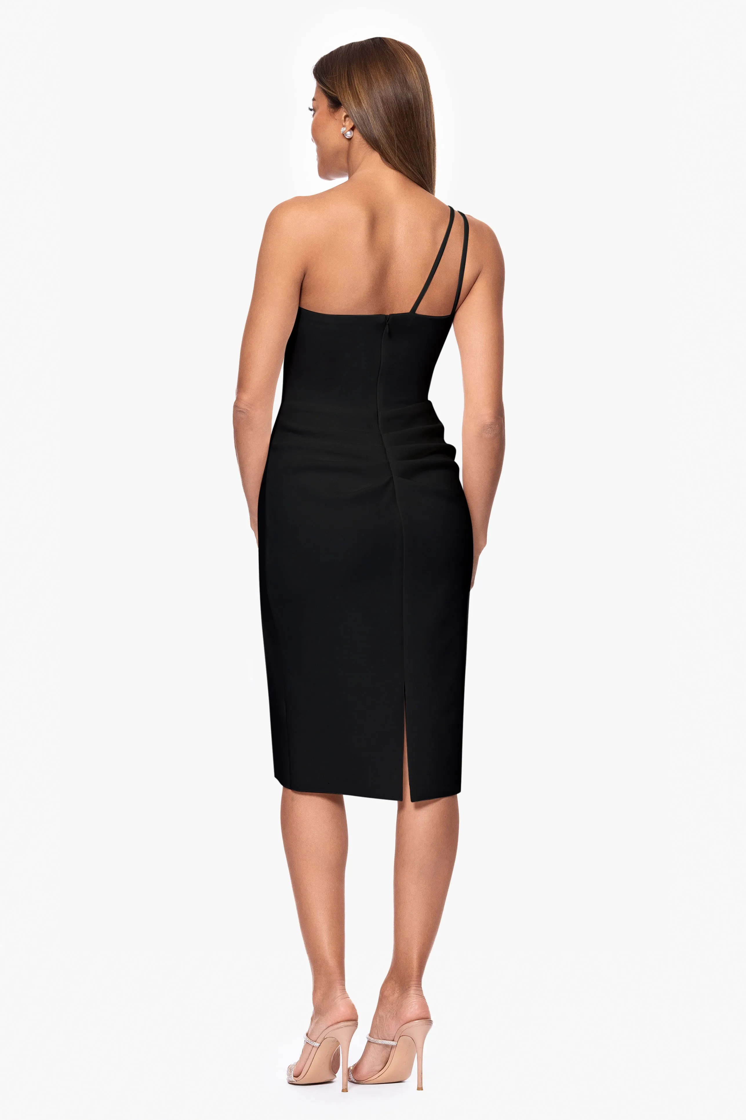 "Gracie" Scuba Crepe One Shoulder Knee Length Ruffle Dress sold by Xscape product image thumbnail 3