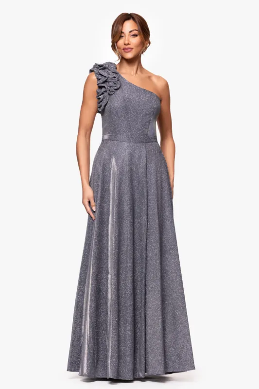 "Havannah" One Shoulder Ruffle Glitter Gown sold by Xscape
