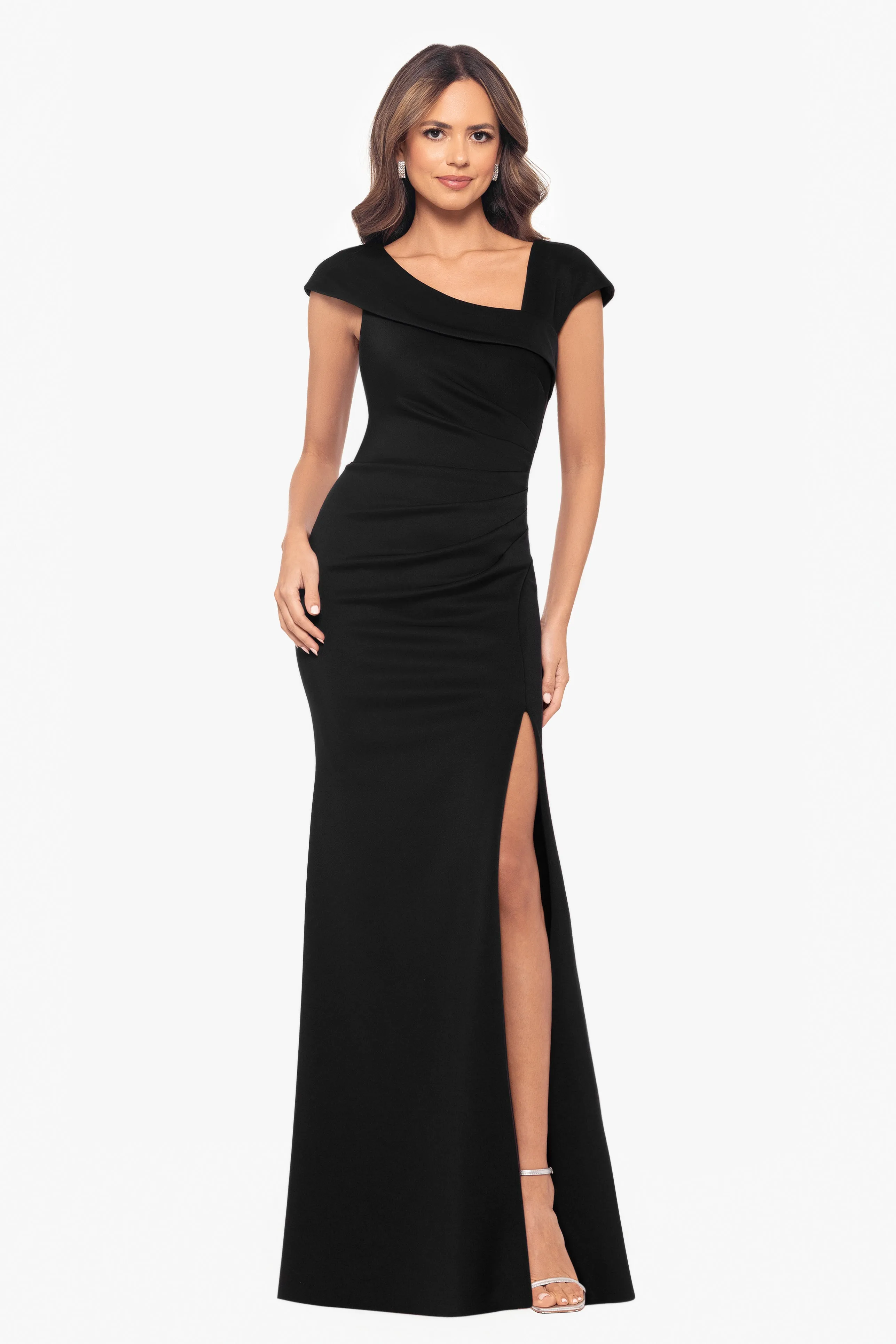 Petite "Lenore " Long Asymmetrical Neckline Scuba Dress sold by Xscape