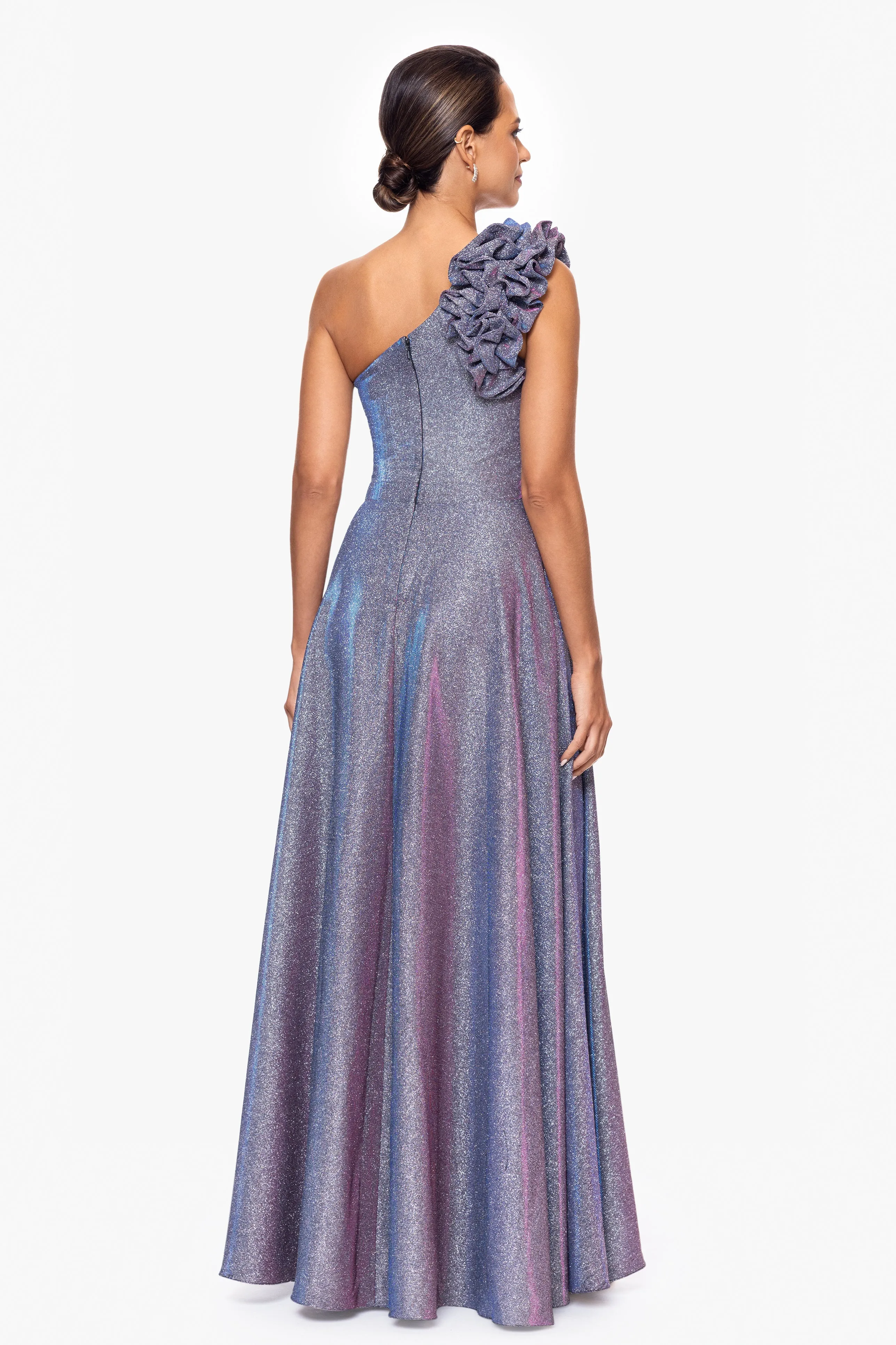 Petite "Havannah" One Shoulder Ruffle Glitter Gown sold by Xscape product image thumbnail 2