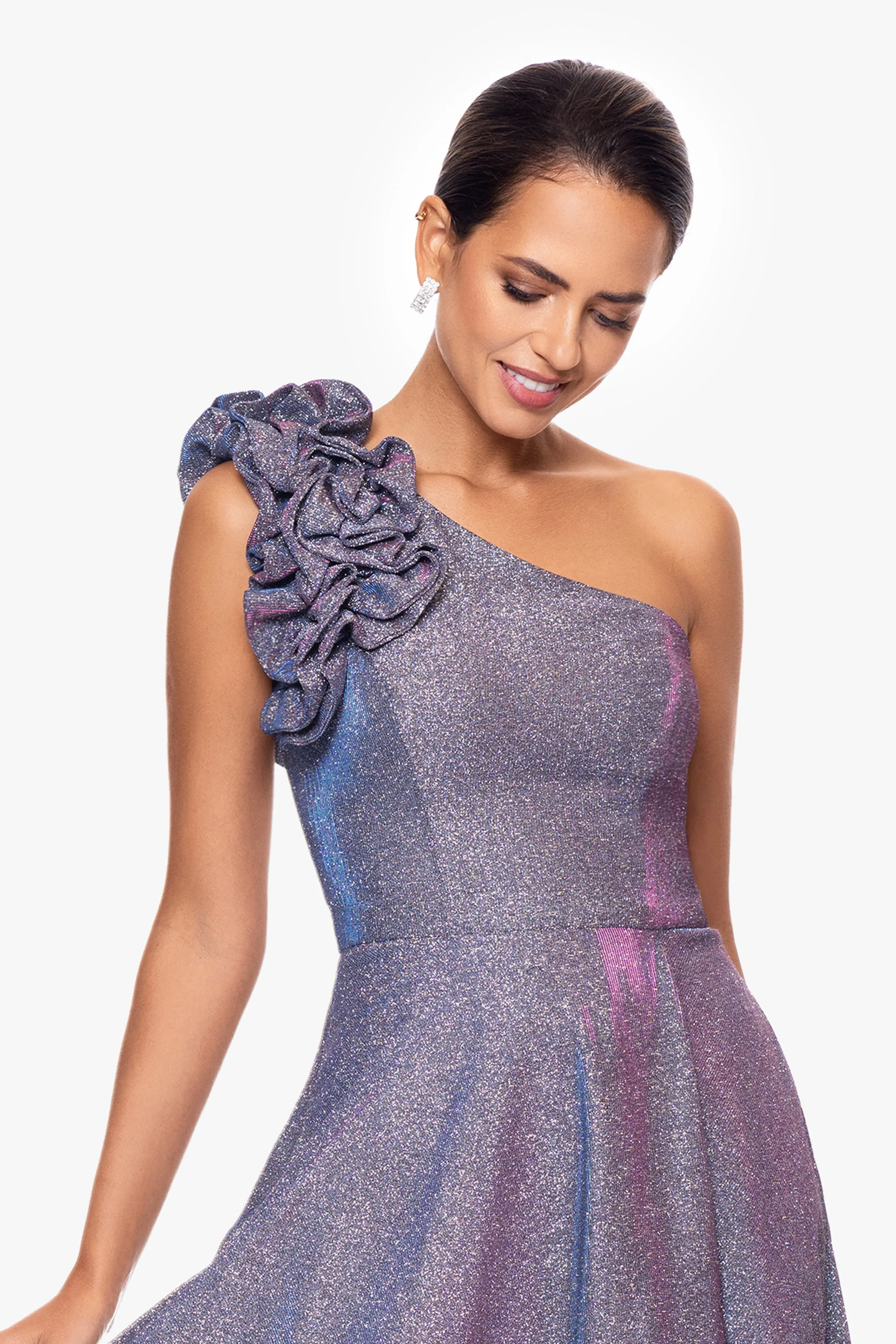 Petite "Havannah" One Shoulder Ruffle Glitter Gown sold by Xscape product image thumbnail 4