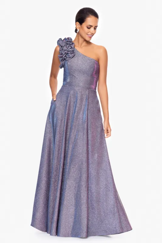 Petite "Havannah" One Shoulder Ruffle Glitter Gown sold by Xscape