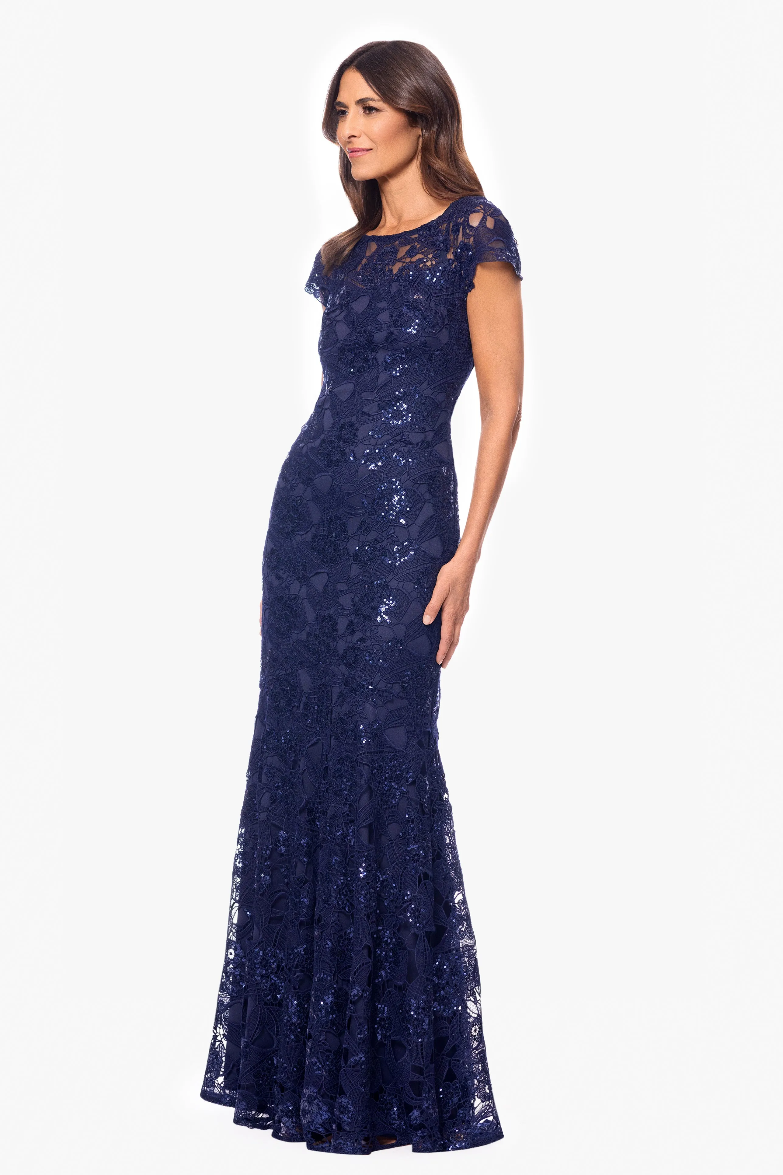 "Shayna" Floor Length Sequin Lace Short Sleeve Gown sold by Xscape product image thumbnail 4