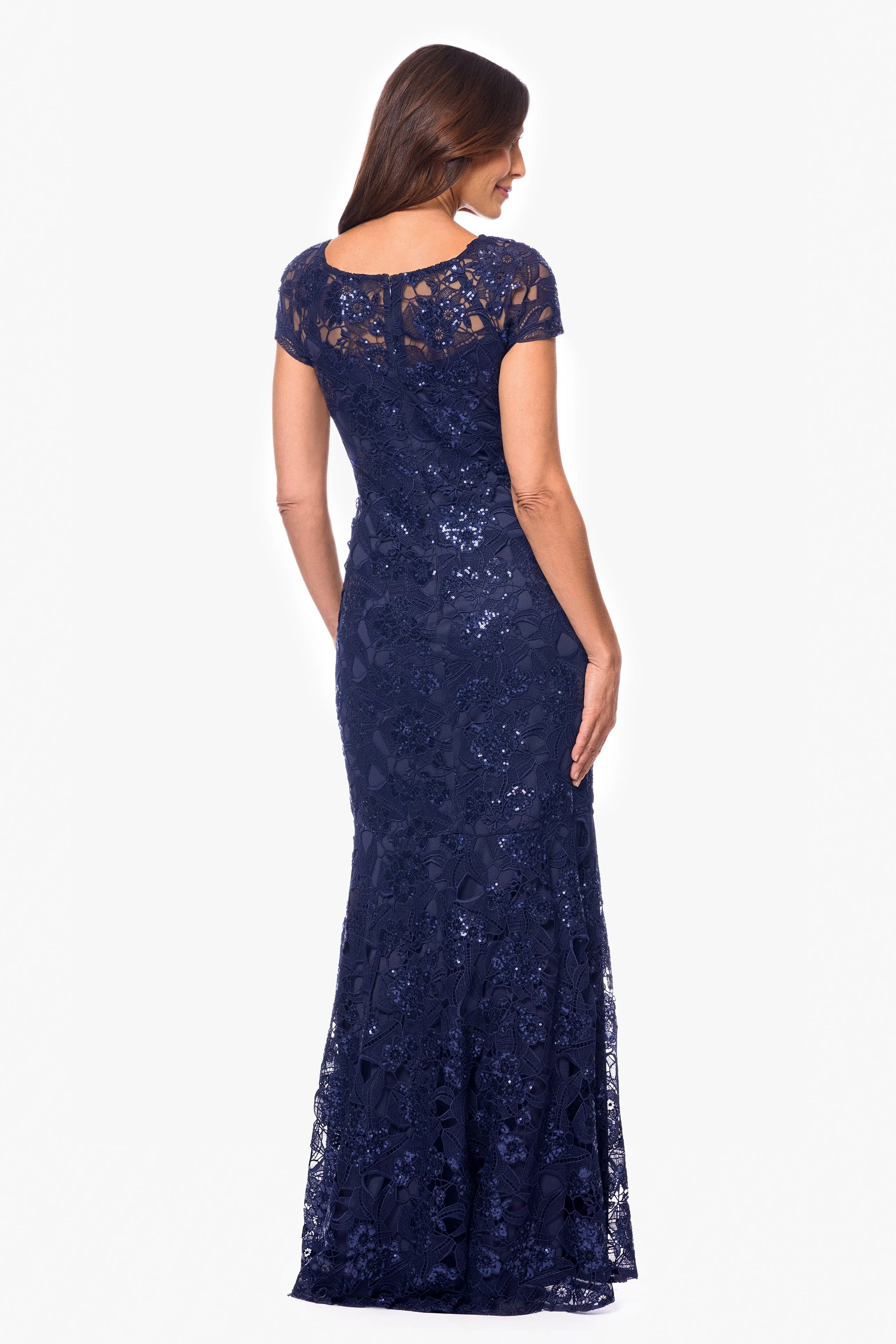 "Shayna" Floor Length Sequin Lace Short Sleeve Gown sold by Xscape product image thumbnail 3
