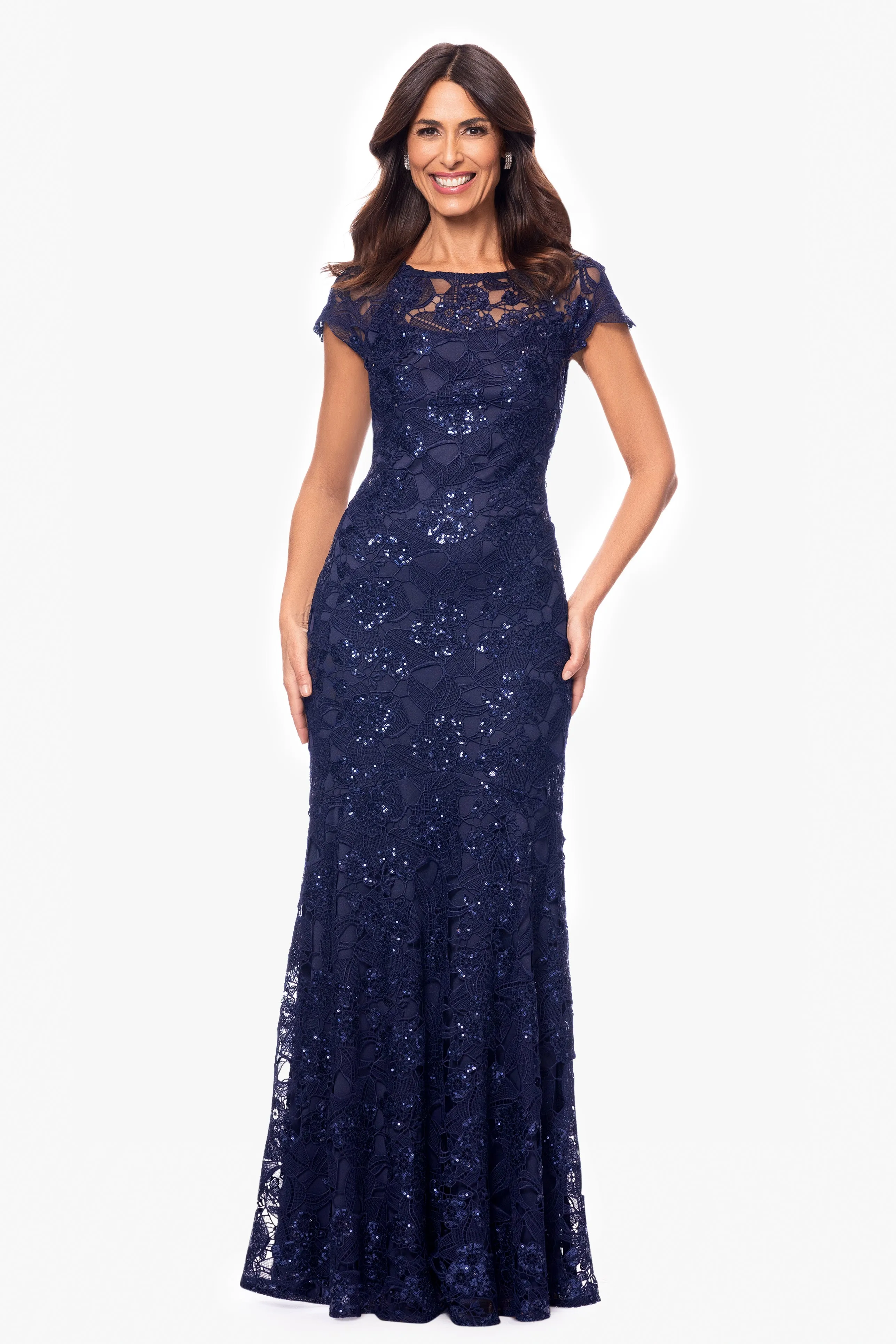"Shayna" Floor Length Sequin Lace Short Sleeve Gown sold by Xscape