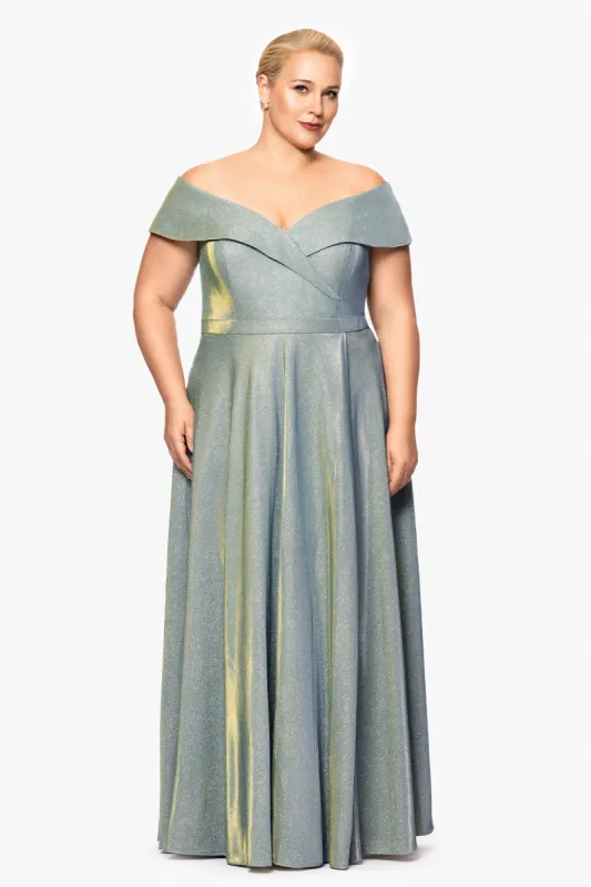 Plus "Estelle" Off The Shoulder Long Glitter Dress sold by Xscape