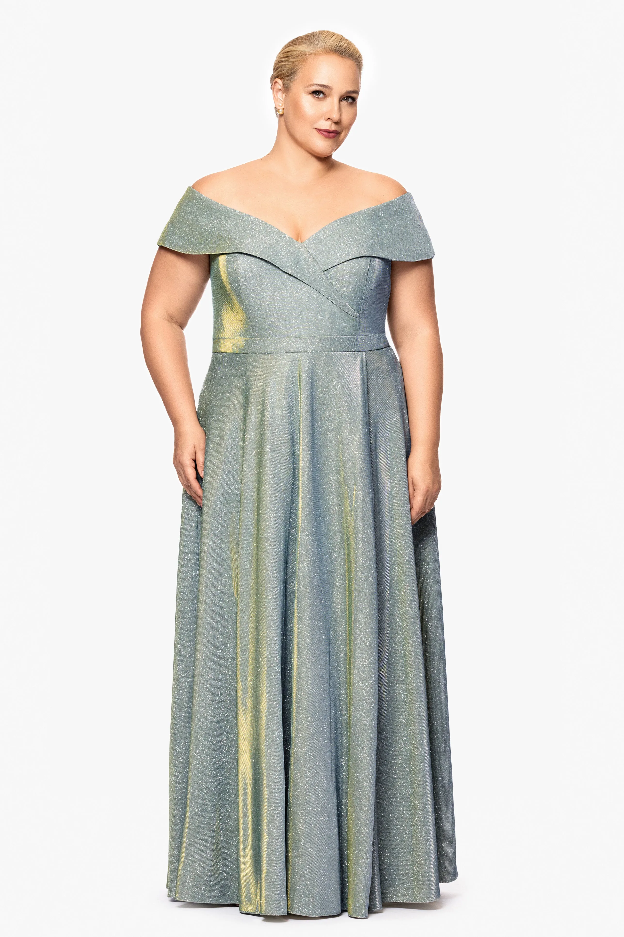 Plus "Estelle" Off The Shoulder Long Glitter Dress sold by Xscape