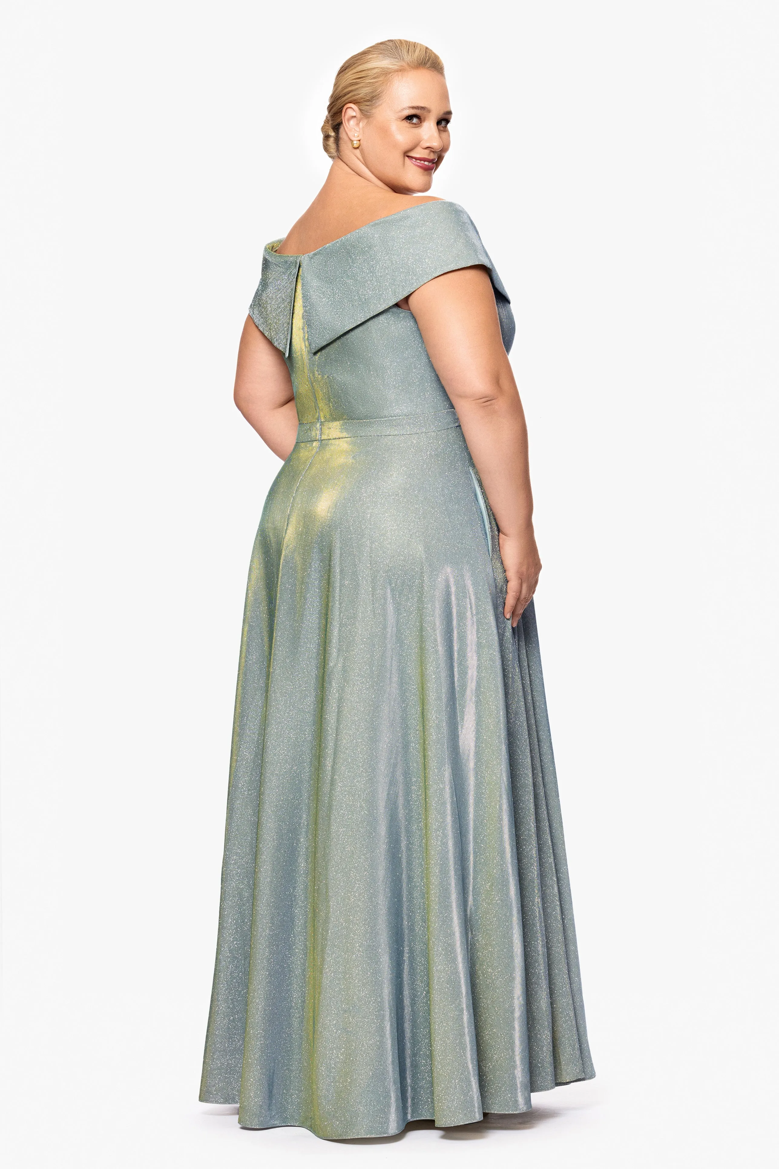 Plus "Estelle" Off The Shoulder Long Glitter Dress sold by Xscape product image thumbnail 3