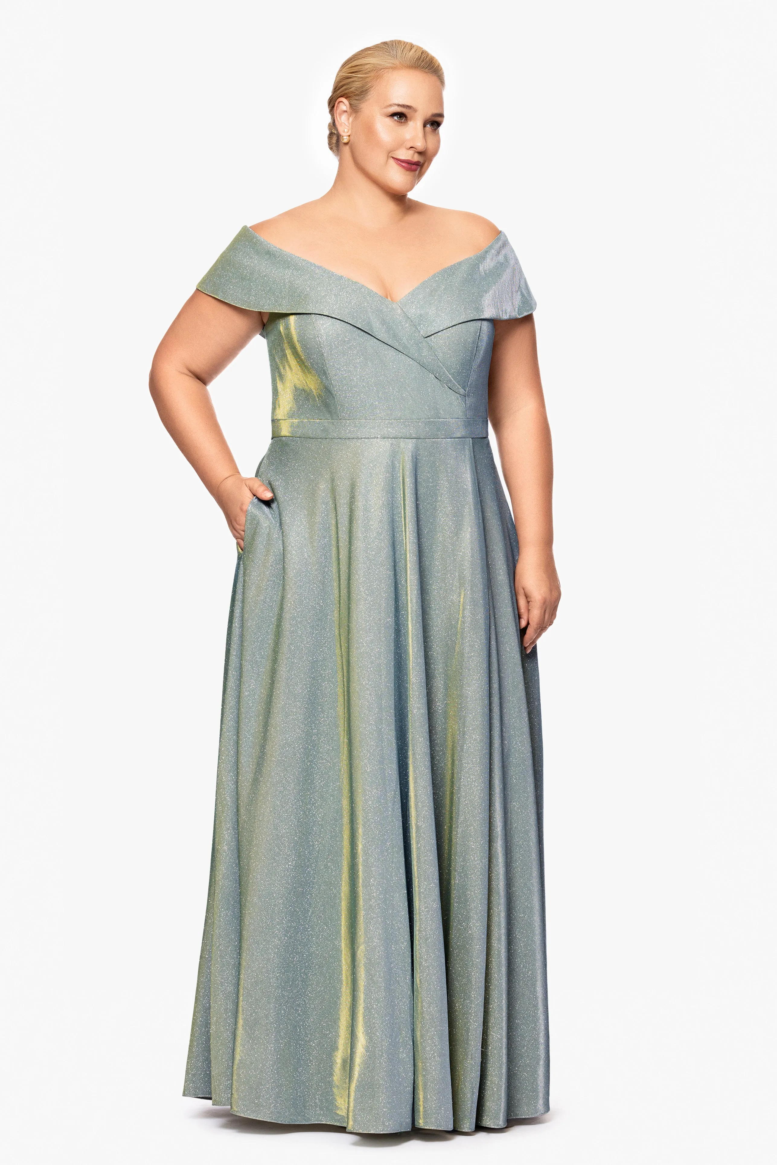 Plus "Estelle" Off The Shoulder Long Glitter Dress sold by Xscape product image thumbnail 4