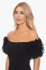 "Ashlyn" Long Scuba Crepe Off the Shoulder Wire Flower Gown sold by Xscape